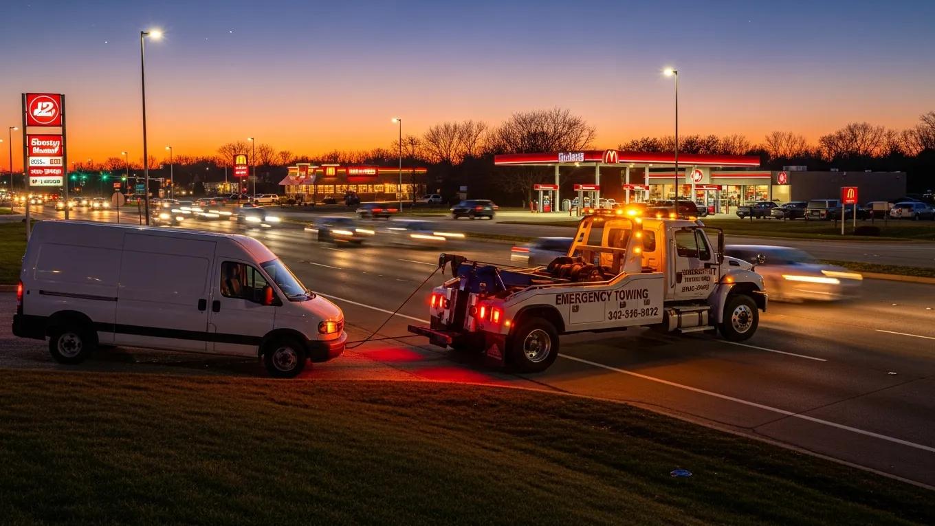 Tow truck assisting a van on the roadside in Warren MI, emphasizing emergency towing services