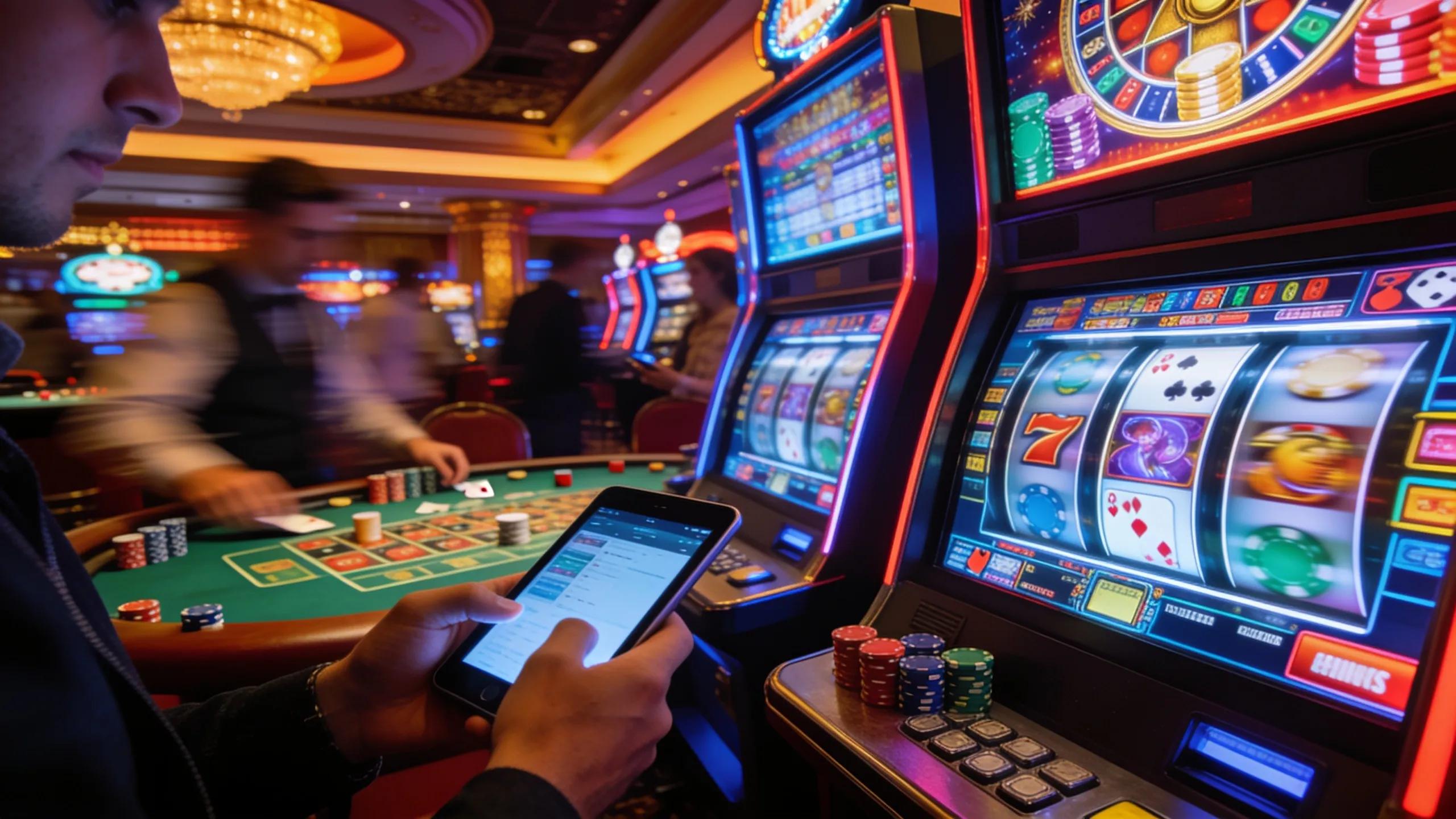 Casino environment with patrons using digital devices to explore gaming options, showcasing energy and modernity in iGaming marketing.