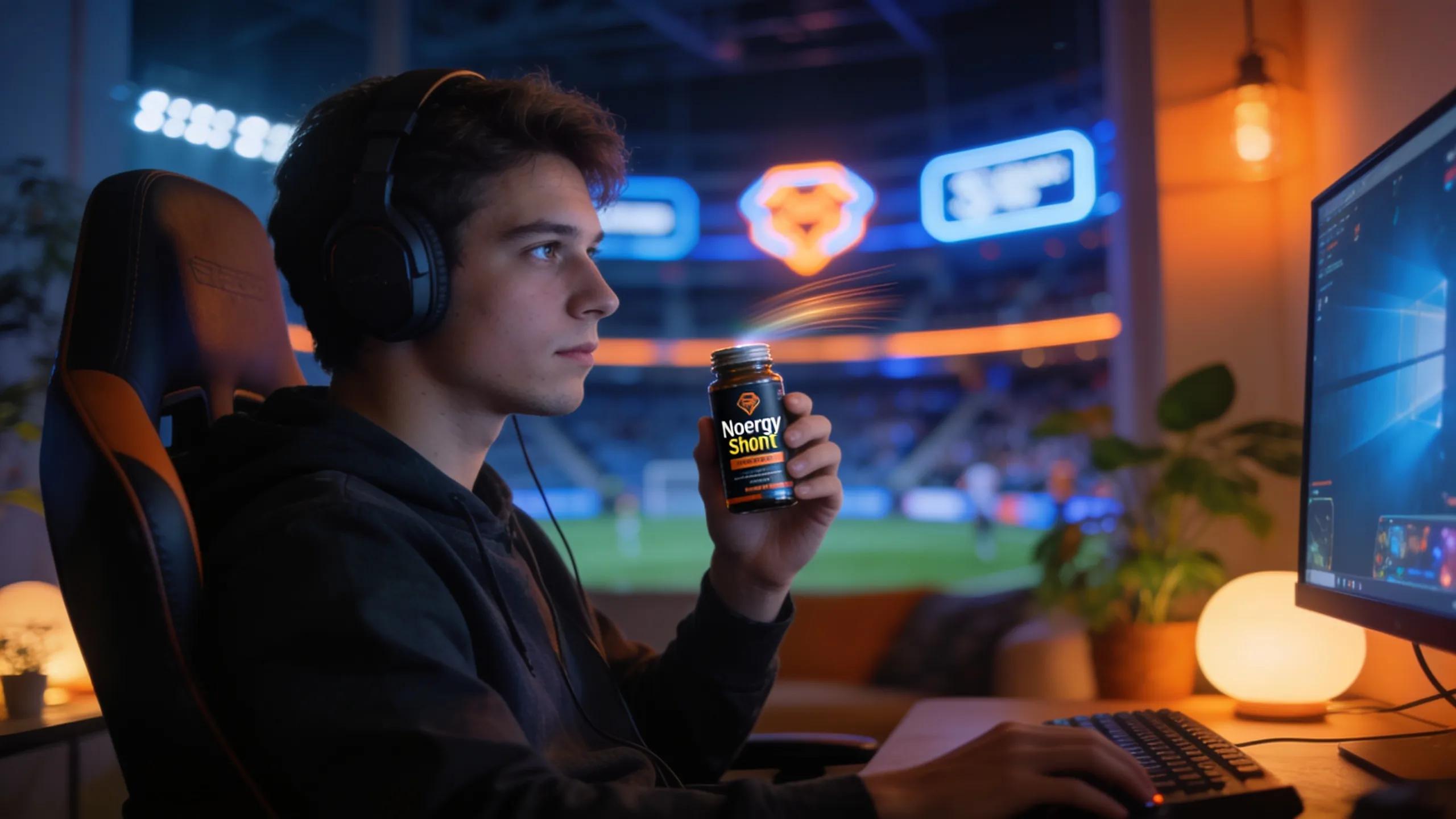 Gamer maintaining sustained attention during a long gaming session with nootropic energy shot