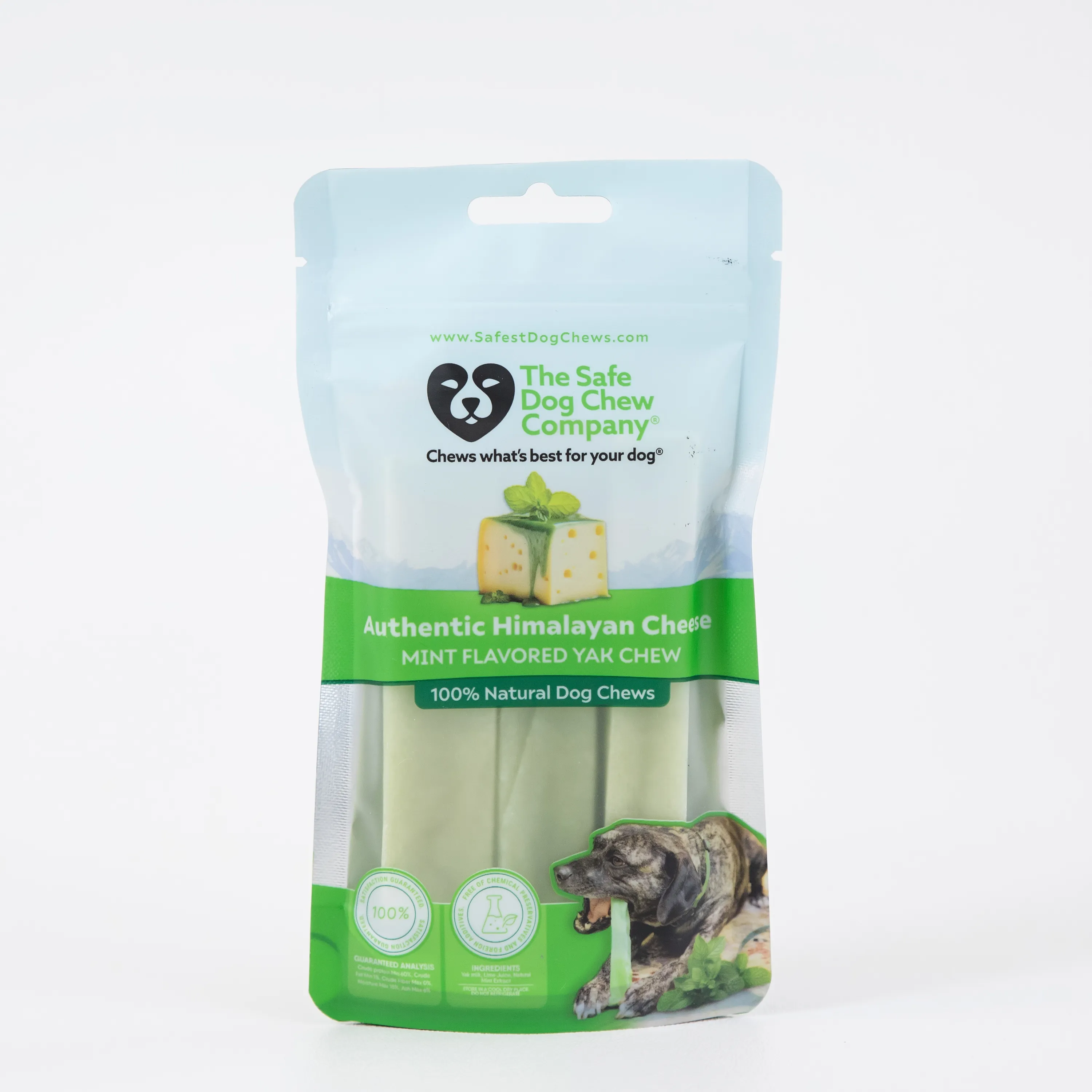 Mint flavored yak chew for dogs in a resealable package