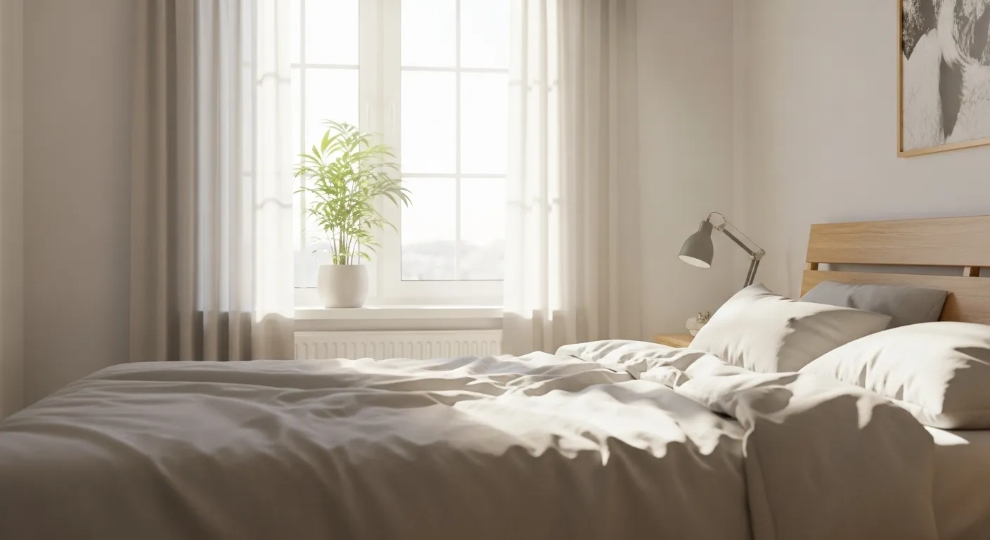 Bright tidy bedroom with morning light and simple decor symbolizing restful sleep habits.