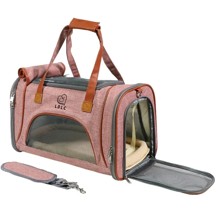 Close-up of a soft-sided dog carrier highlighting mesh panels and secure closures