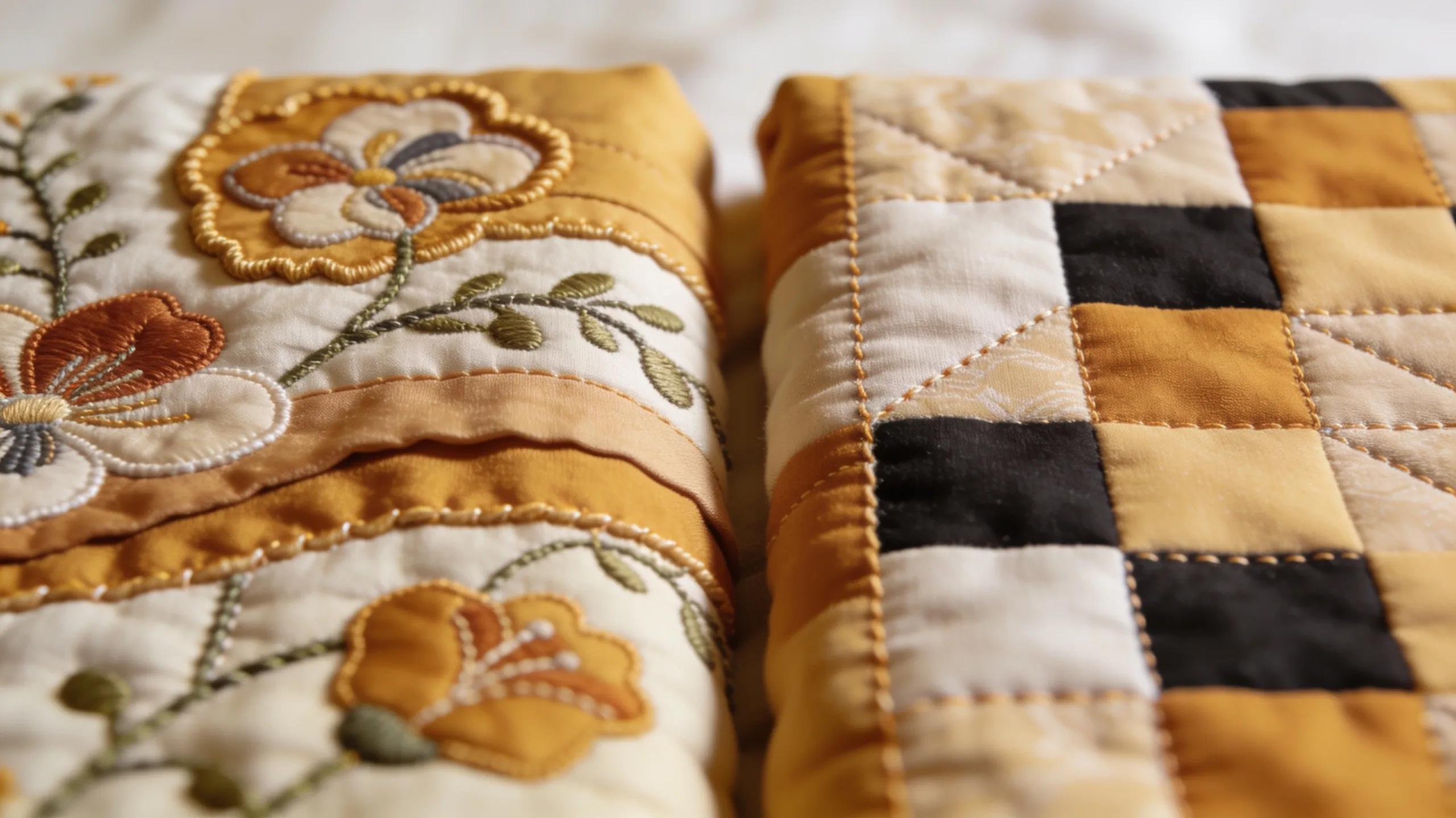 Close-up of quilt pieces demonstrating the advantages of appliqué and piecing quilting techniques
