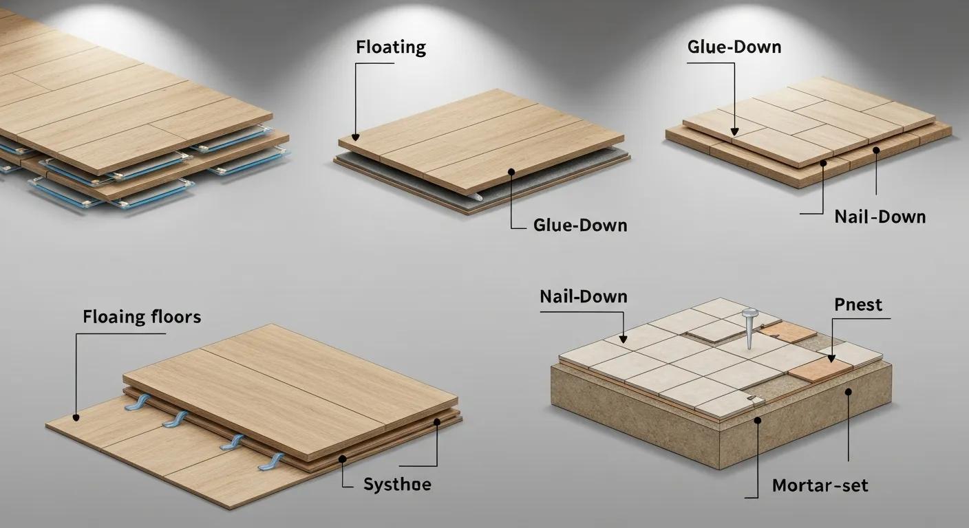 Graphic showing floating, glue-down, nail-down and mortar-set flooring installations