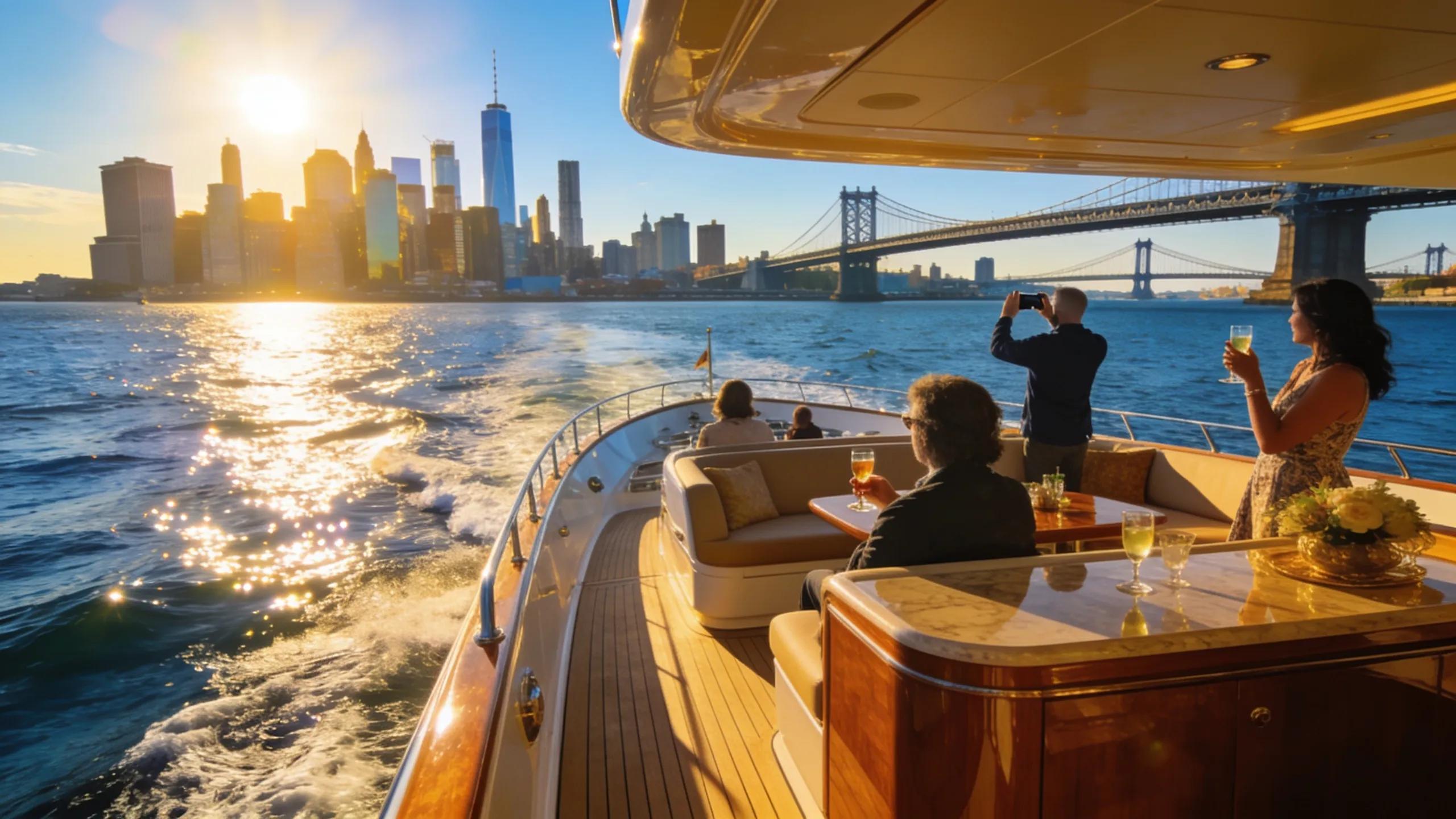 Luxury yacht in New York Harbor with skyline views