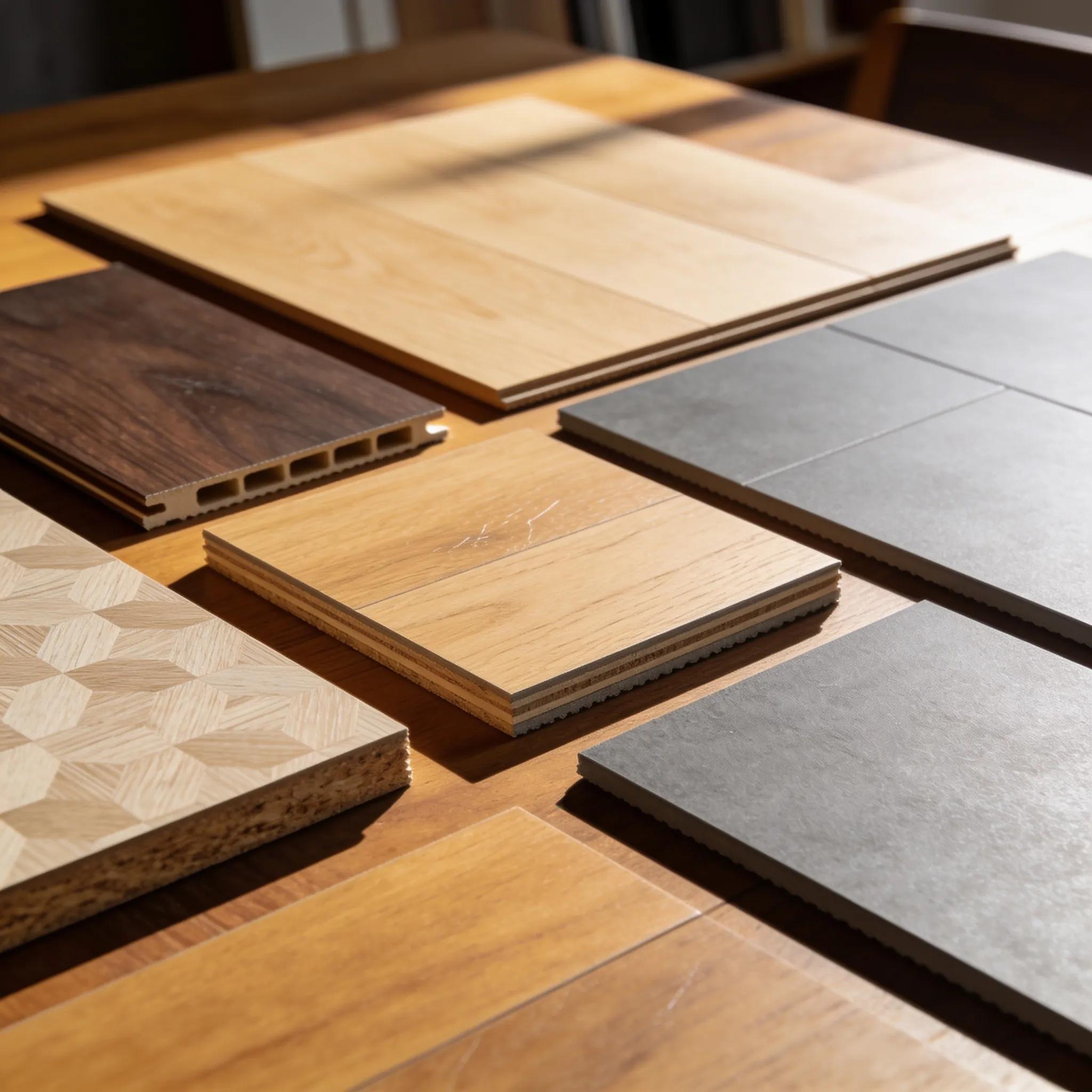 Close-up of luxury vinyl and hardwood samples highlighting grain and finish