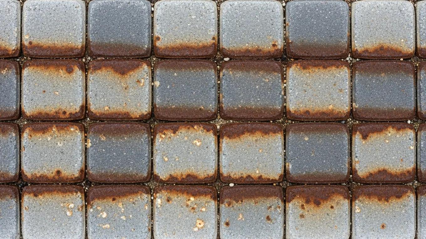 A before photo of rust-stained pavers — ideally showing staining in the joints between pavers, since that's the specific detail you explain in that section.