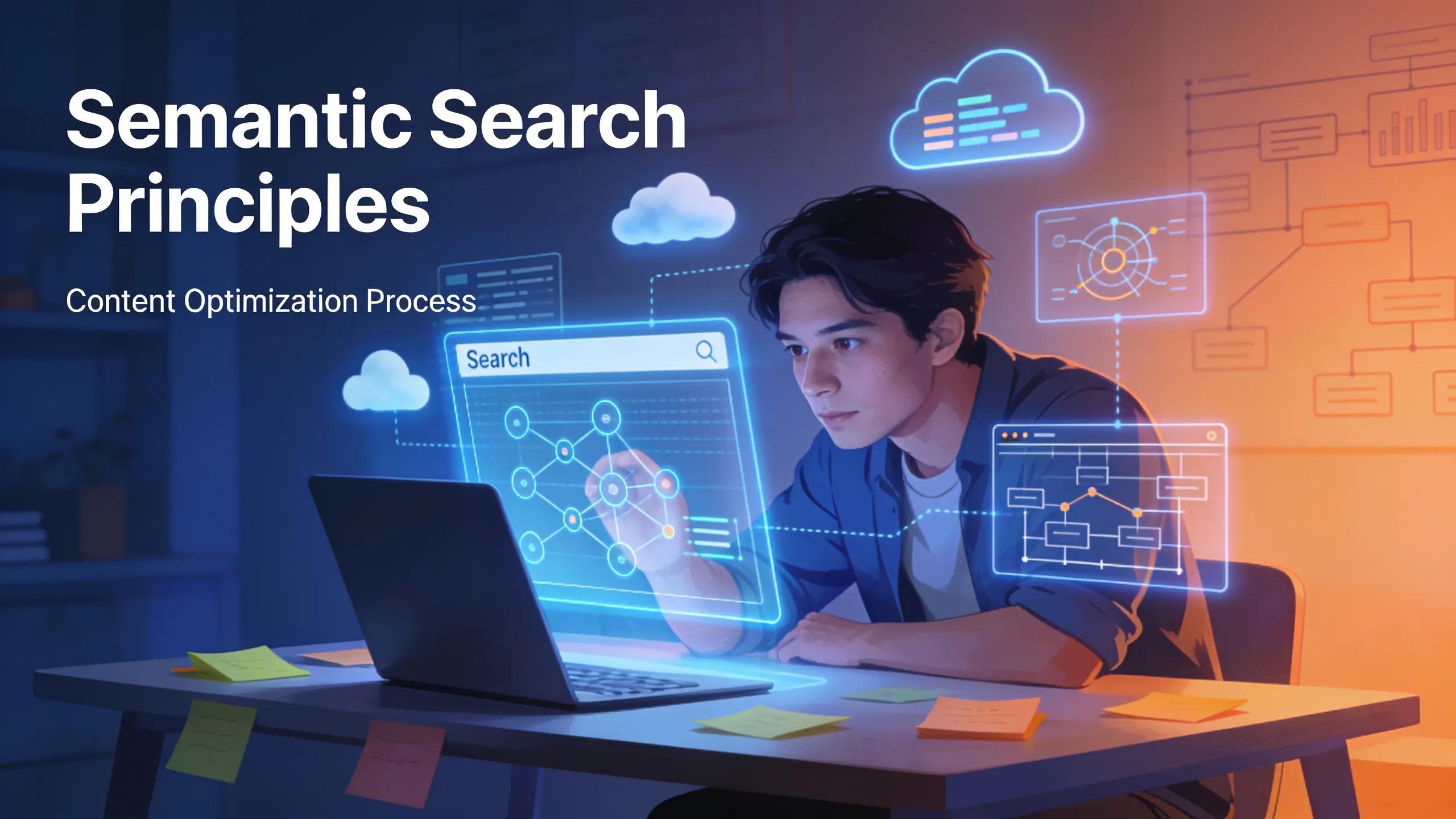 An individual exploring semantic search principles in a creative workspace, illustrating the process of content optimization. An individual exploring semantic search principles in a creative workspace, illustrating the process of content optimization.
