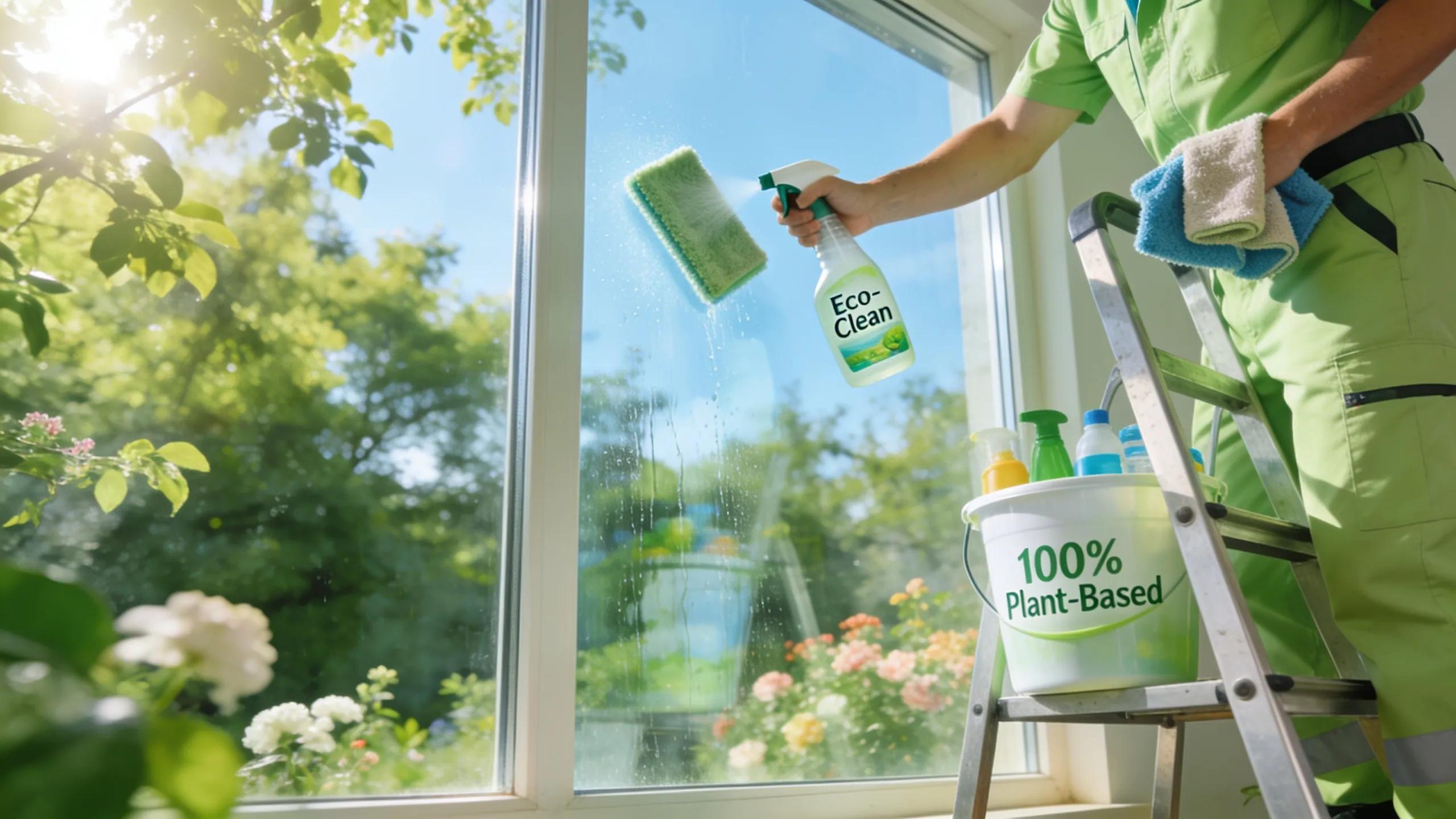 Window cleaning with eco-friendly solutions amidst a natural backdrop