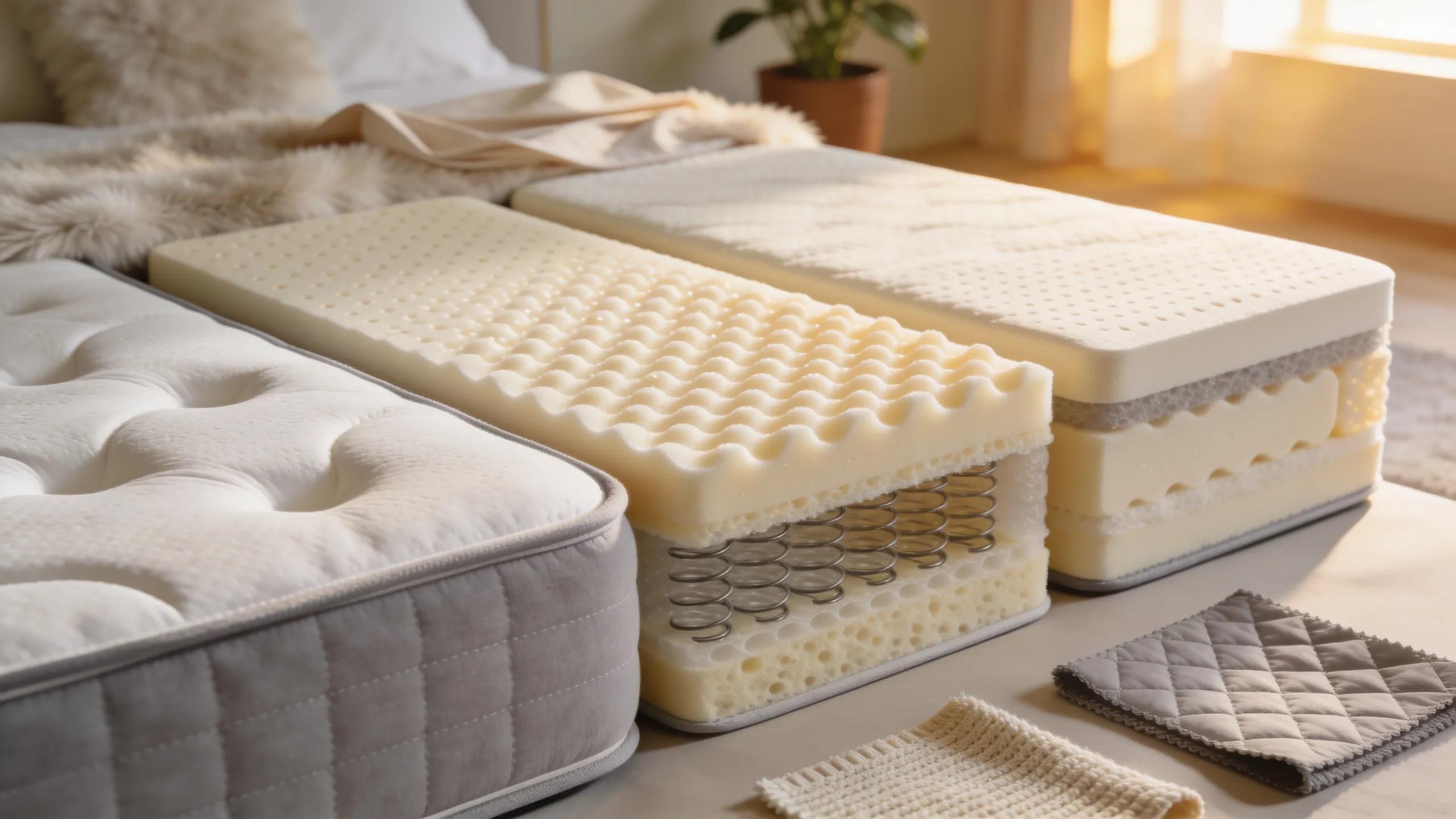 Close-up of memory foam, latex, and hybrid mattresses showcasing sleeping comfort