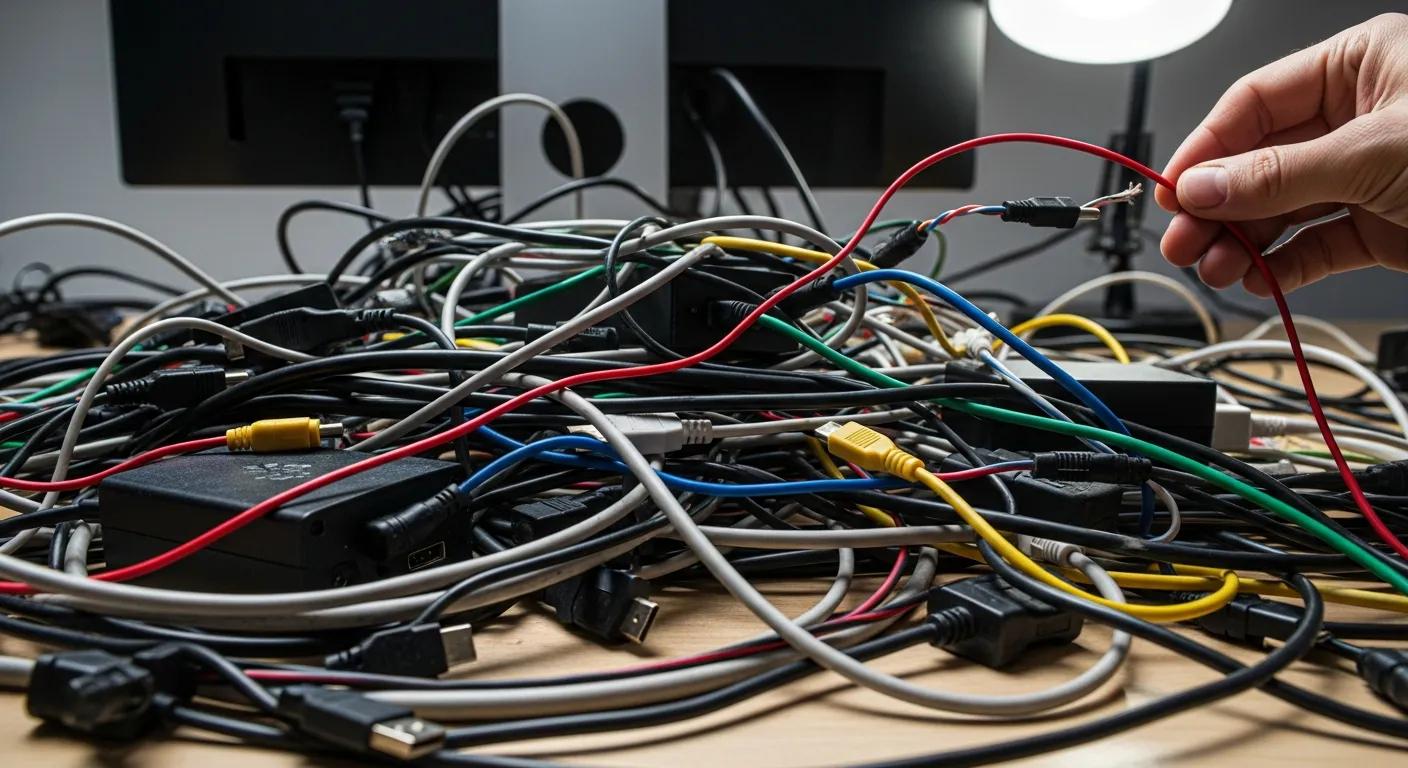 Tangled desk cables illustrating point-to-point wiring challenges