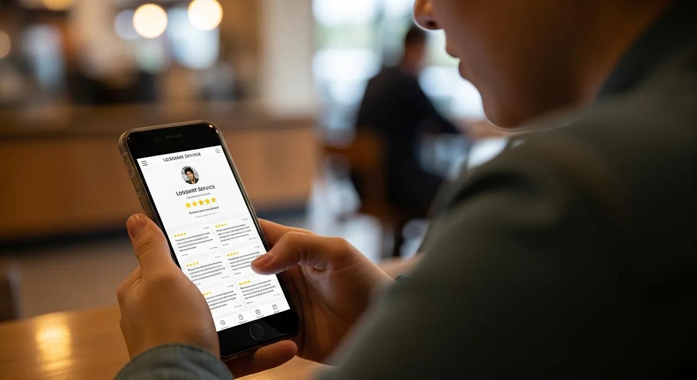 Customer reading positive reviews about locksmith services on a smartphone, highlighting trust and feedback importance