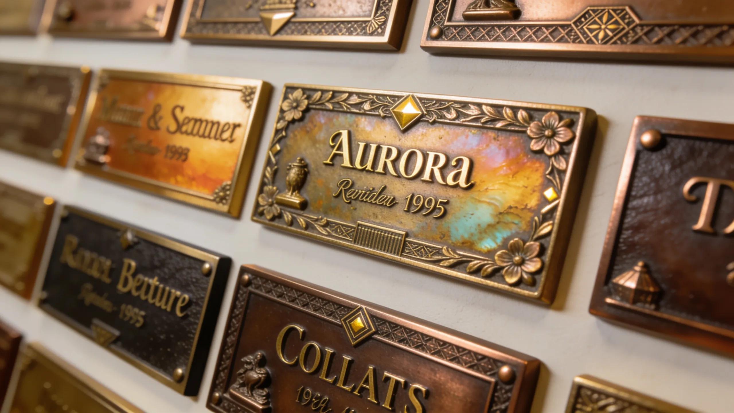 Samples of personalized design options for bronze memorial plaques with various decorative elements