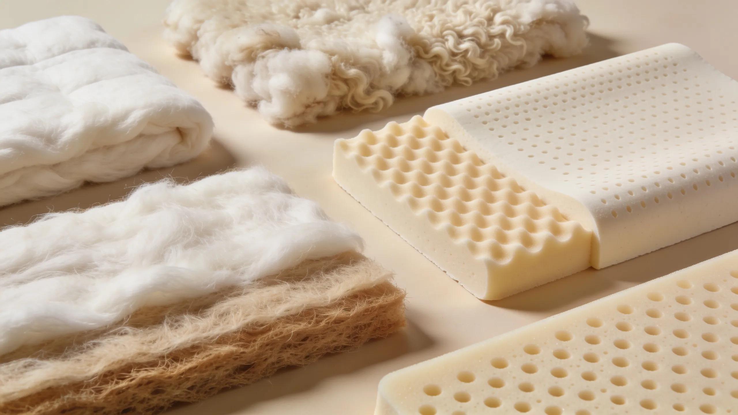 Flat lay of organic materials for futon mattresses: cotton, wool and latex