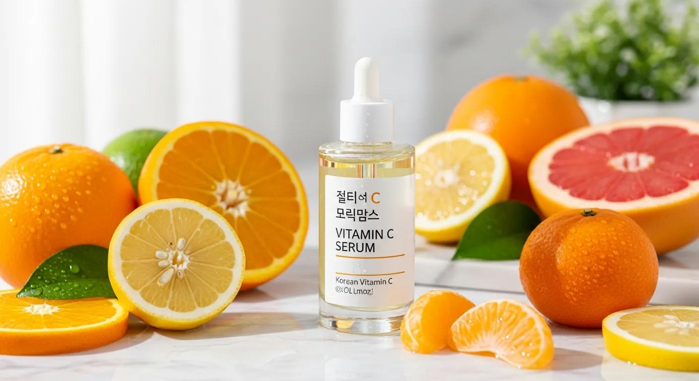 Korean Vitamin C serum with citrus fruits in a bright skincare setting