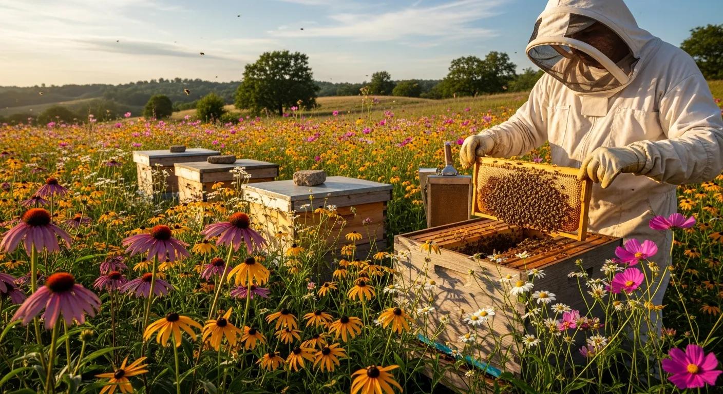 Beekeeping scene with hives and wildflowers — sustainable practices support honey quality and pollinator health