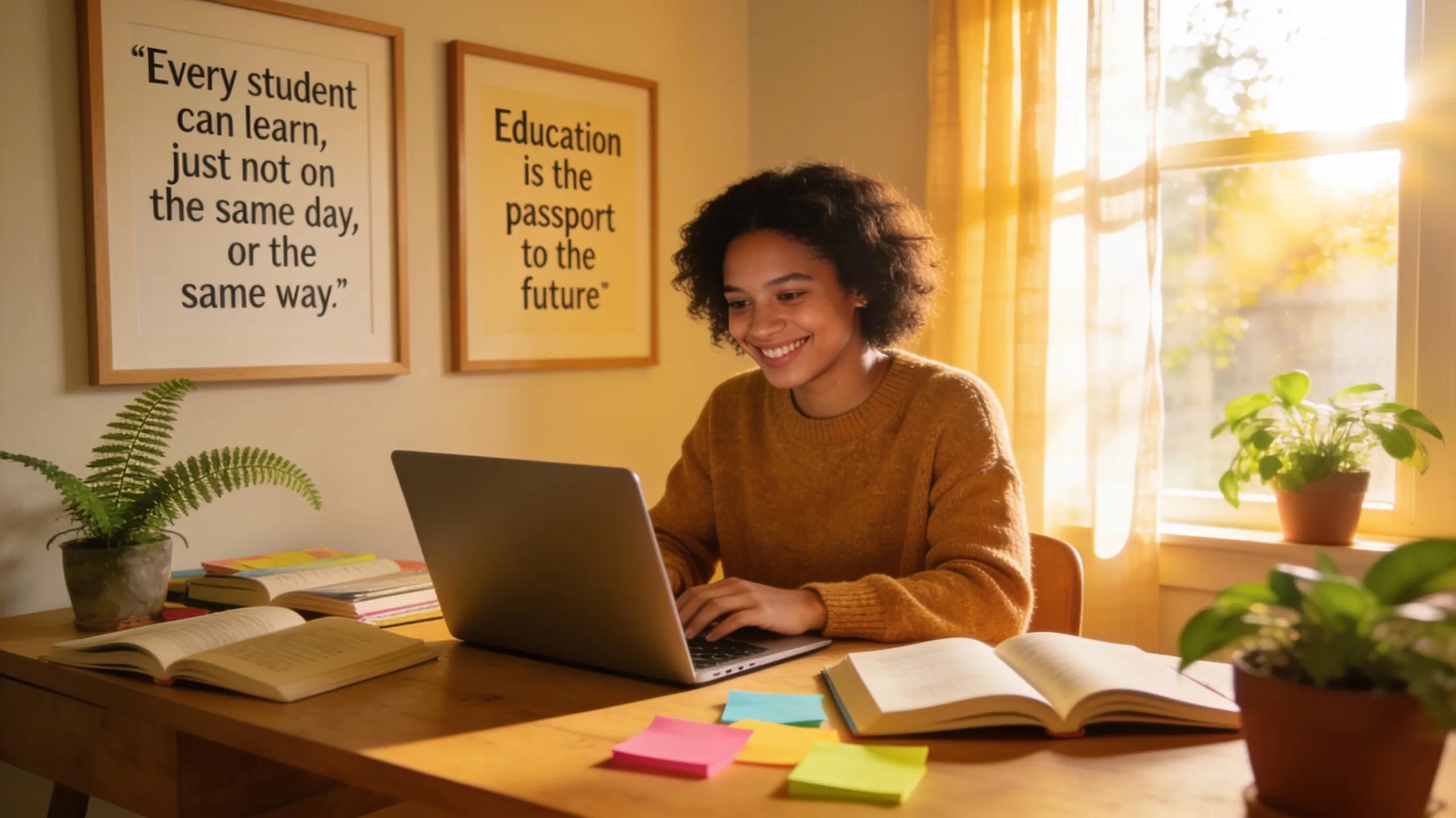 Educator working on content marketing strategies in a cozy study environment to enhance visibility and lead generation