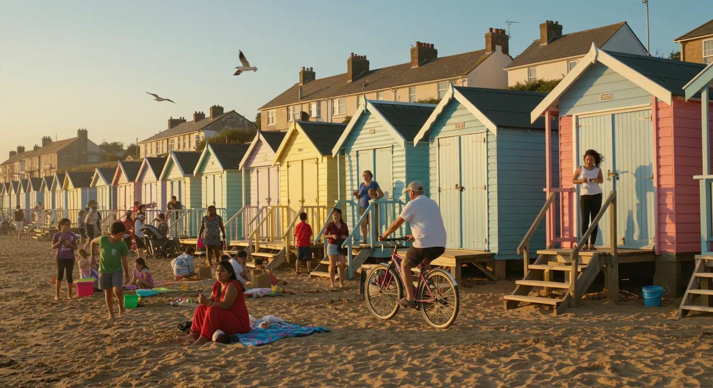 Charming coastal town with colorful beach huts and people enjoying outdoor activities, representing coastal living