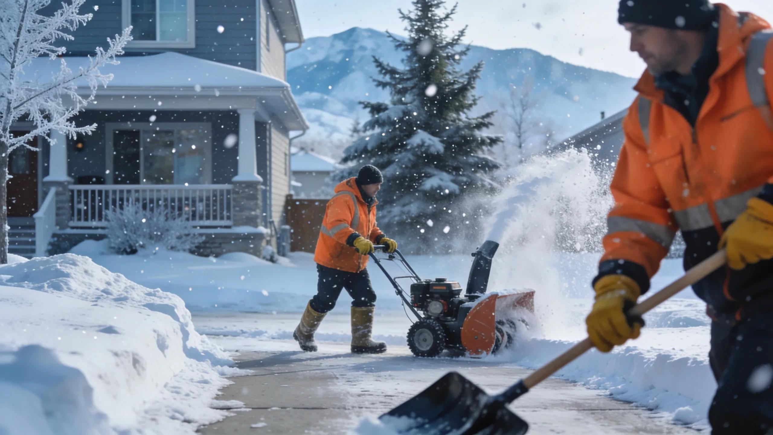 Snow removal team clearing a Calgary driveway in winter