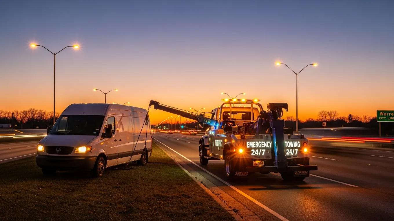 Tow truck assisting a van on the roadside in Warren, MI, emphasizing emergency towing services