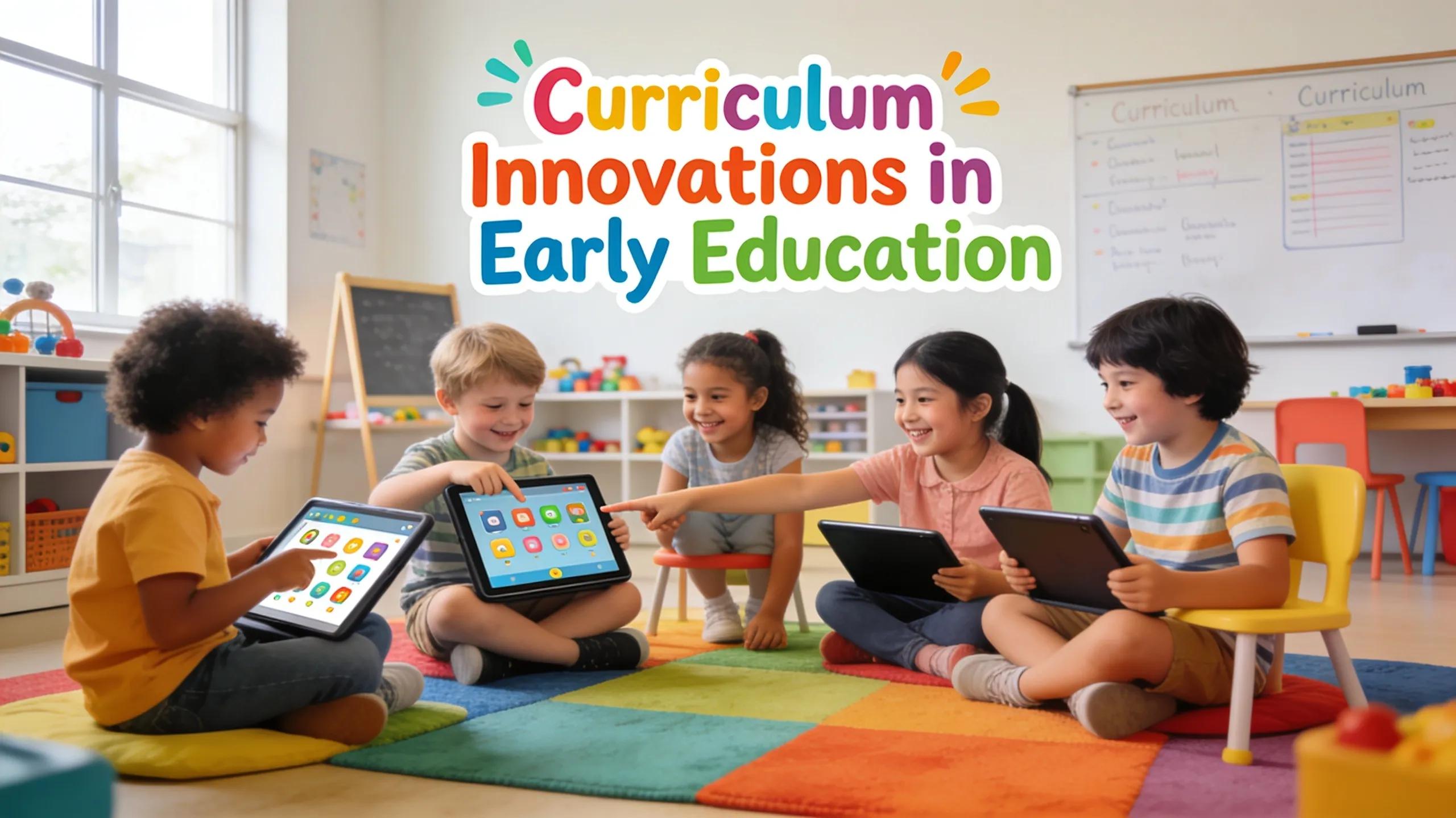 Children using tablets and interactive tools in a modern preschool classroom, demonstrating curriculum innovations