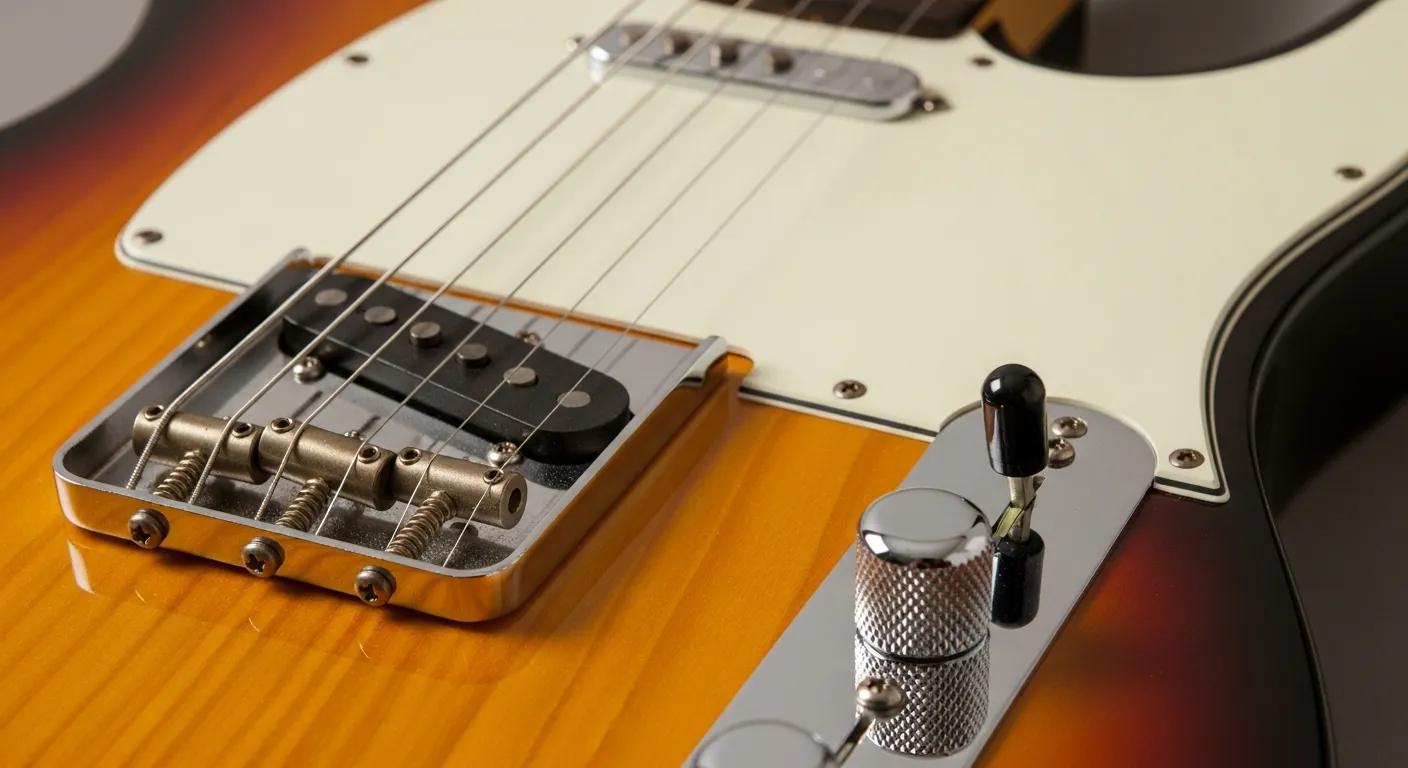 Close-up of a Fender Telecaster guitar, showcasing its pickups and craftsmanship