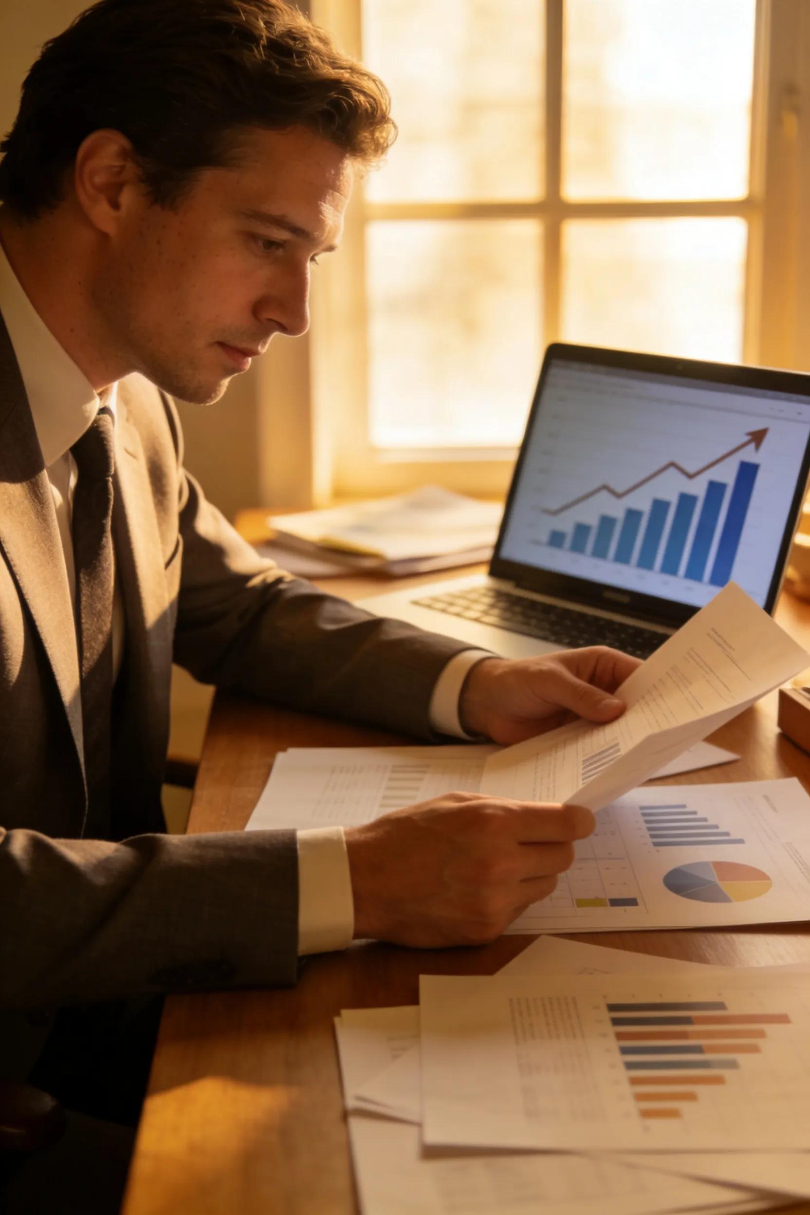 Entrepreneur reviewing business documents in a warm, inviting office space