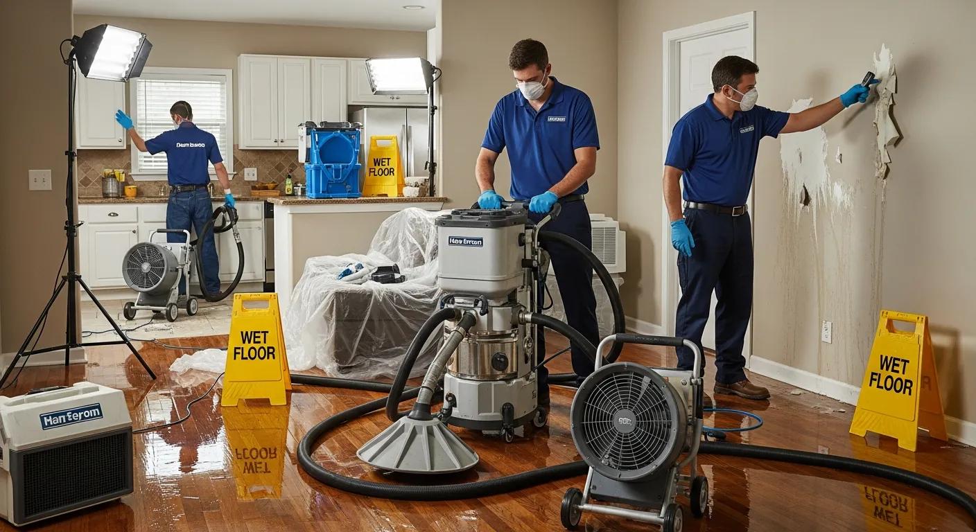 Water damage restoration team responding to an emergency situation in a home