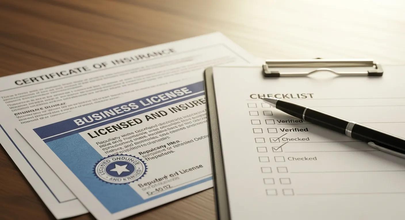 Close-up of moving company license and insurance documents with a pen and checklist, emphasizing verification