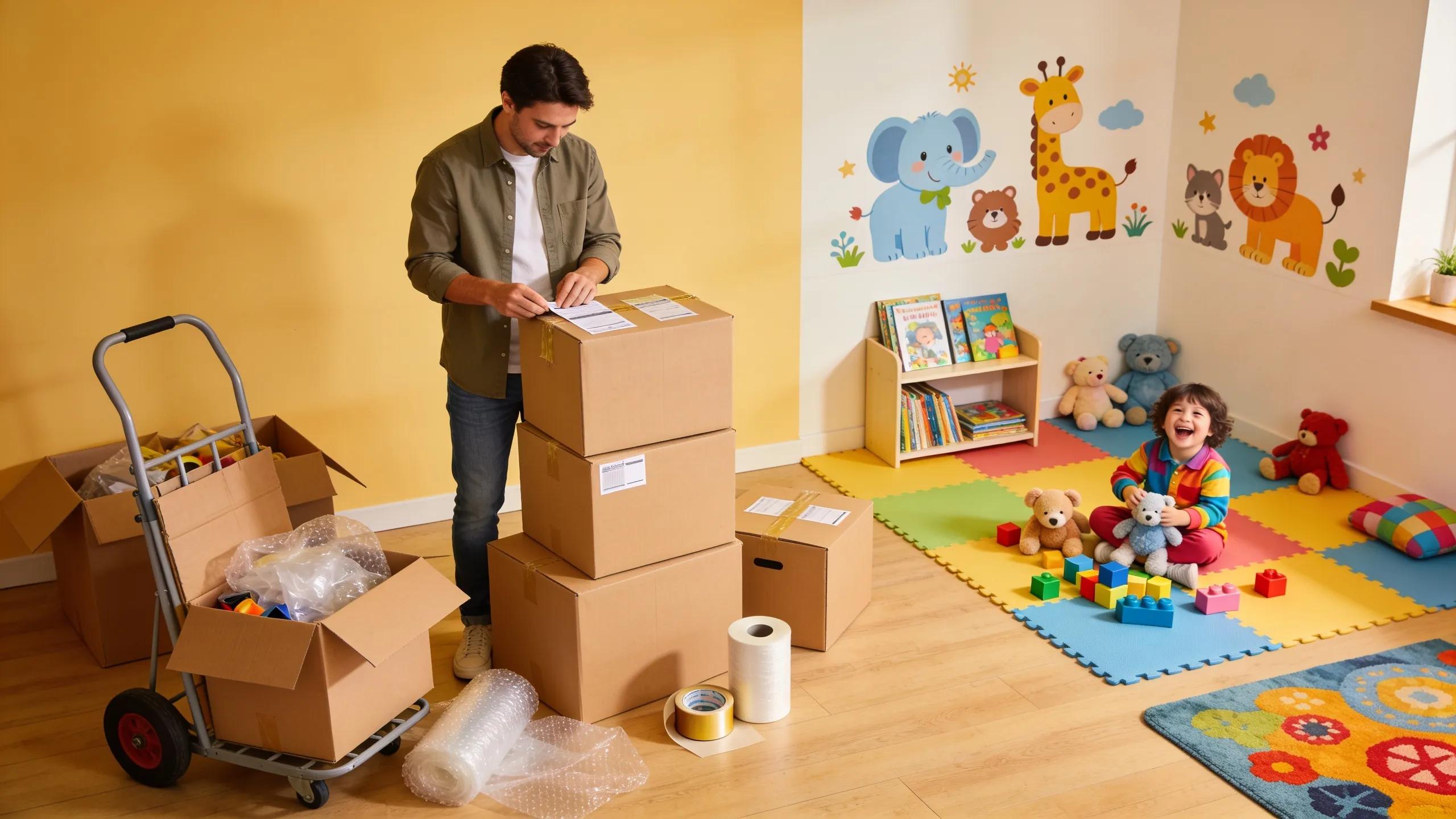 Parent supervising child playing safely in a designated area during a busy moving day