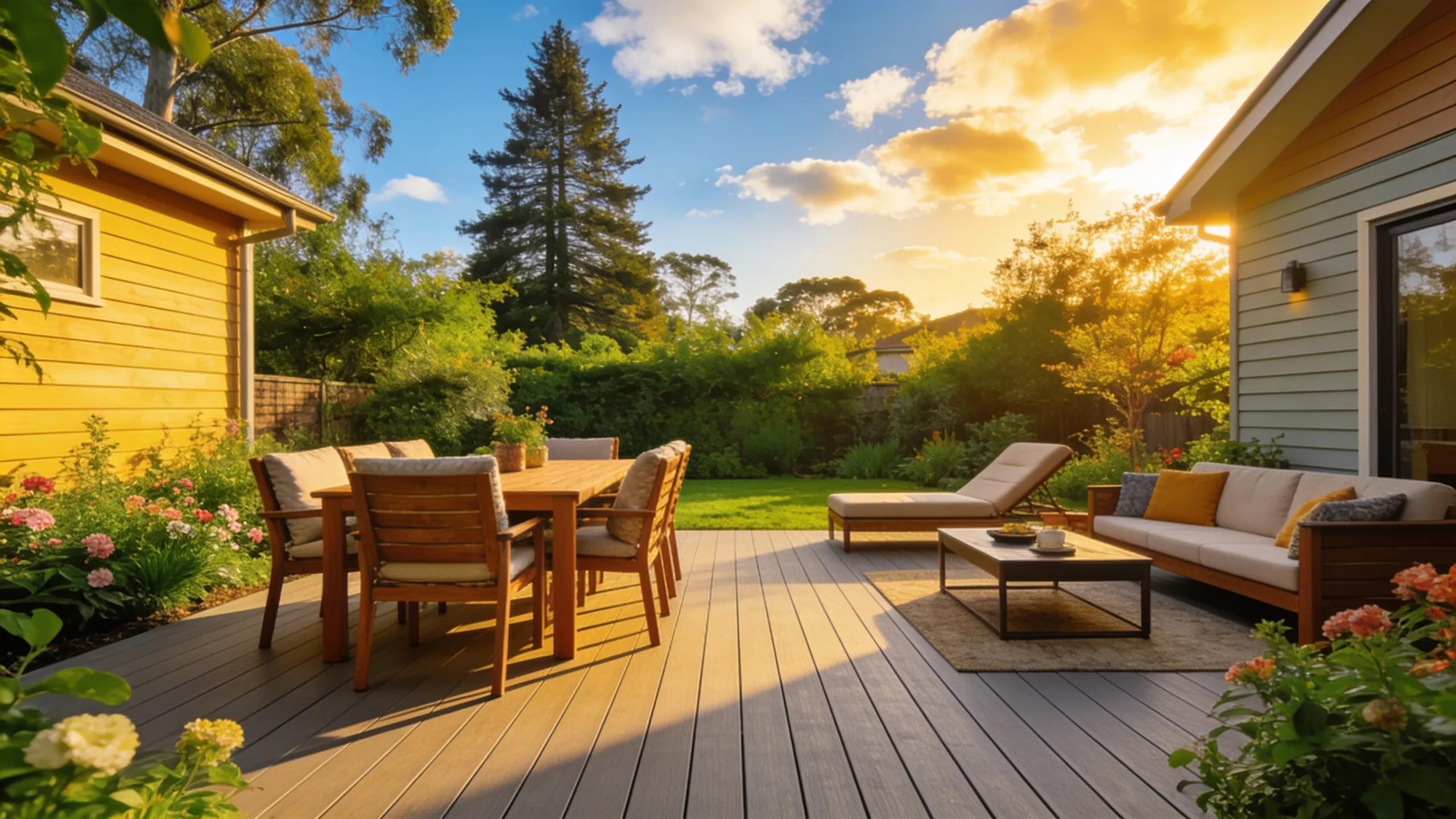 Composite decking in a beautiful outdoor setting with greenery, highlighting durability and aesthetic appeal.