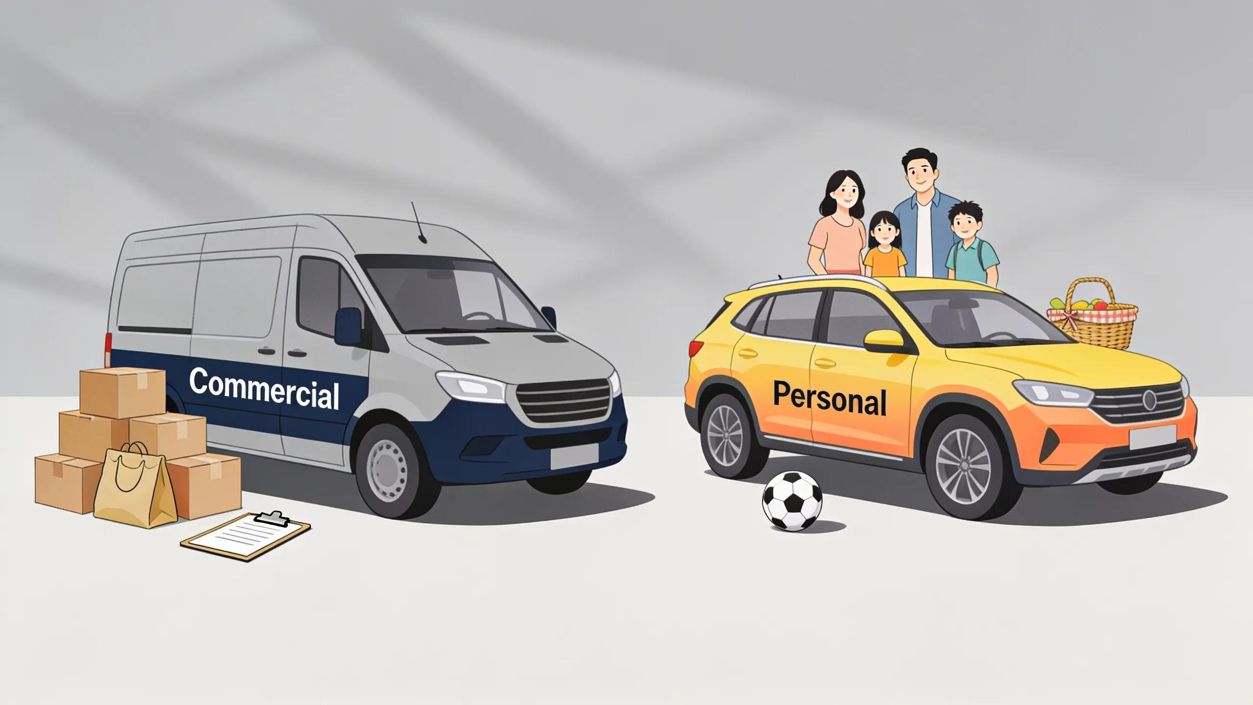 Comparison between commercial and personal vehicles, highlighting distinct usage scenarios for insurance coverage