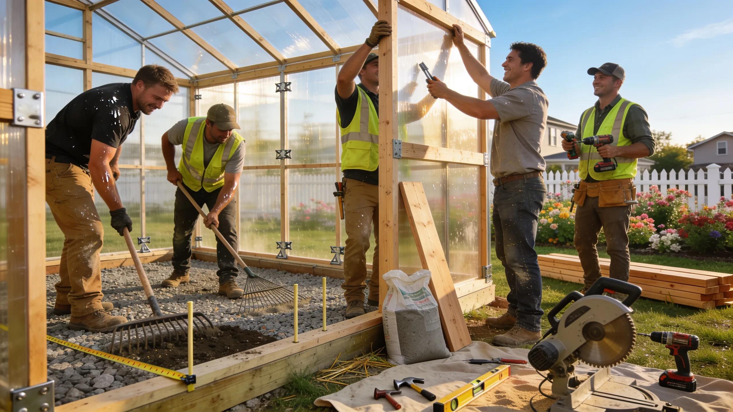 Professional installation team working on an Amish greenhouse, showcasing the process and craftsmanship involved Professional installation team working on an Amish greenhouse, showcasing the process and craftsmanship involved