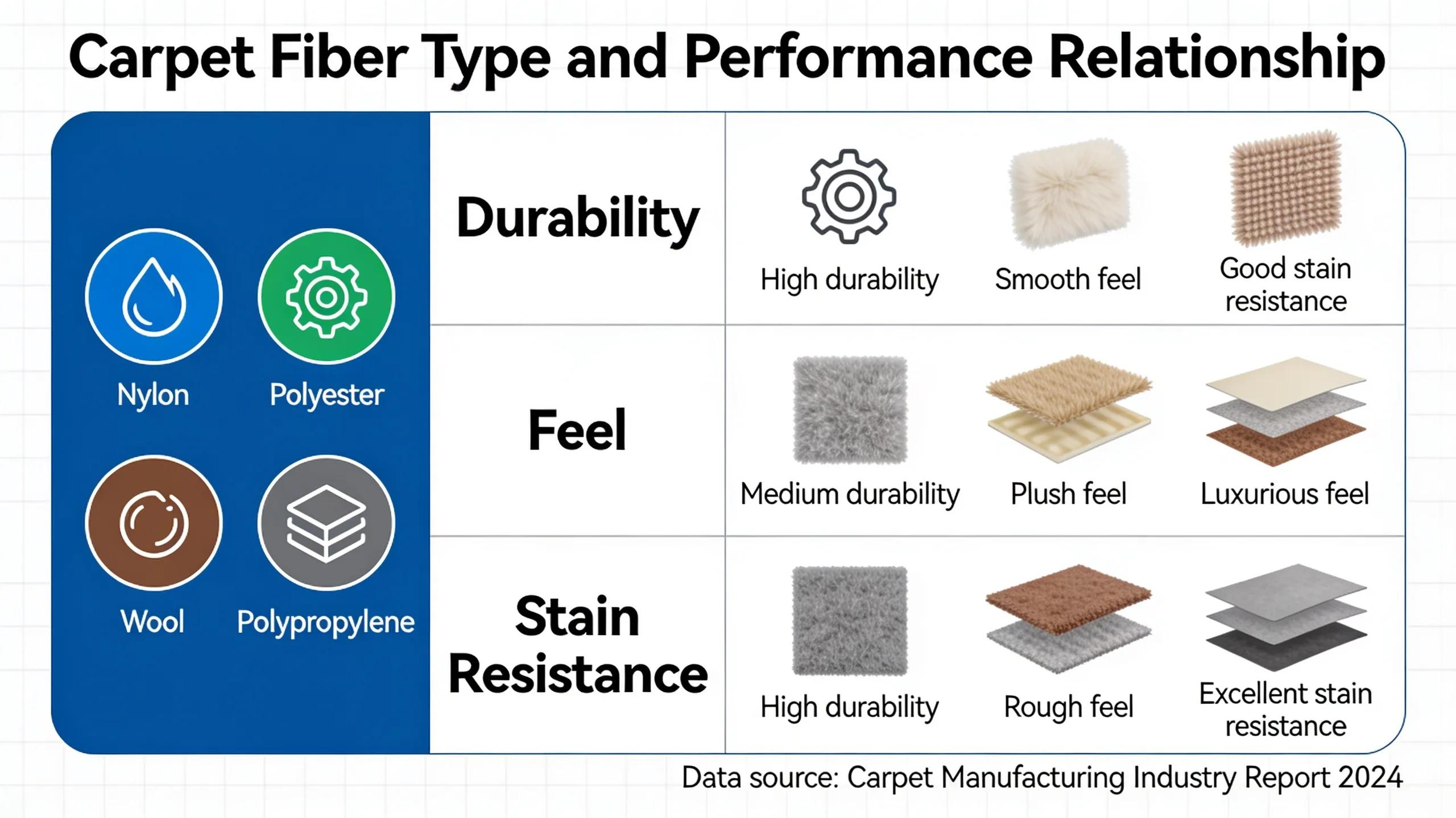 Carpet fiber types and performance relationship chart illustrating durability, feel, and stain resistance.