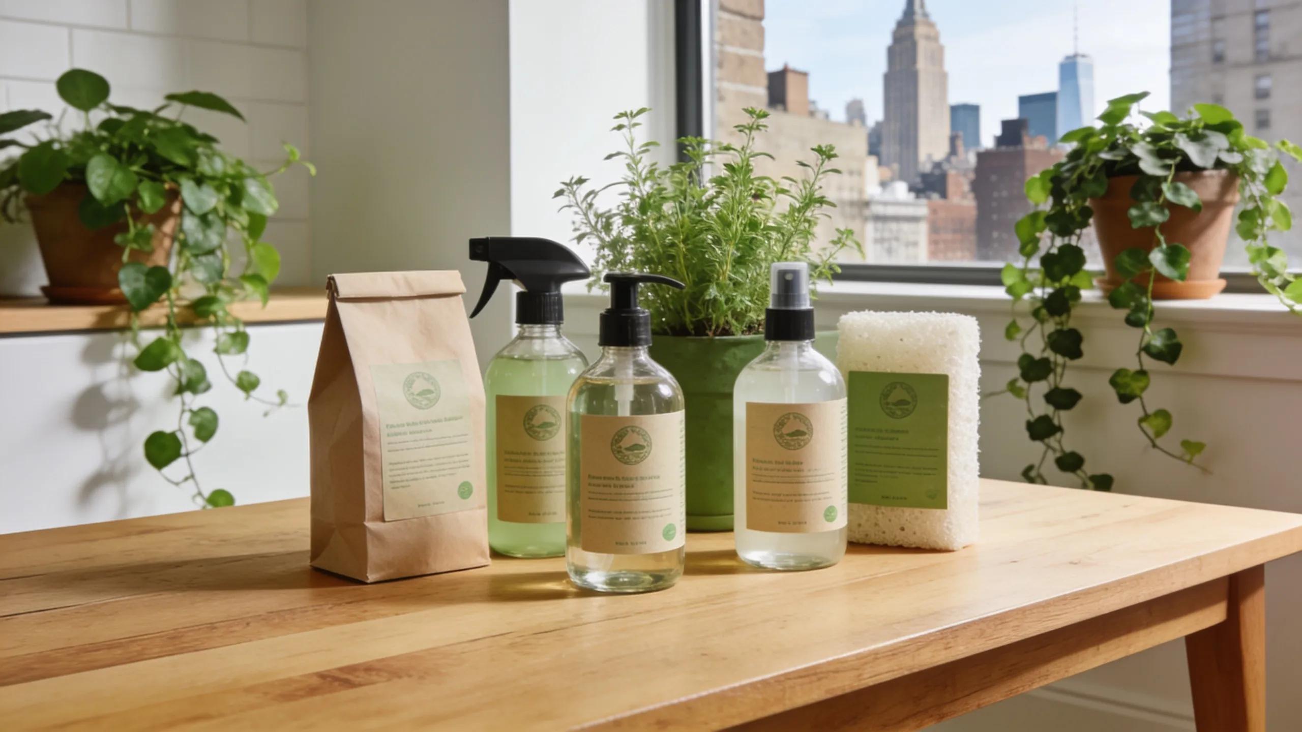 Eco-friendly cleaning products in a stylish New York City apartment