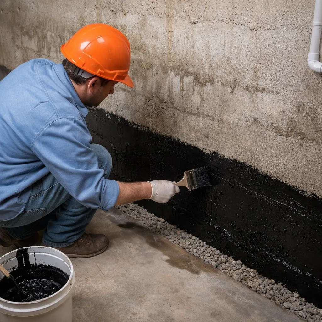 Person applying sealants for interior waterproofing in a basement