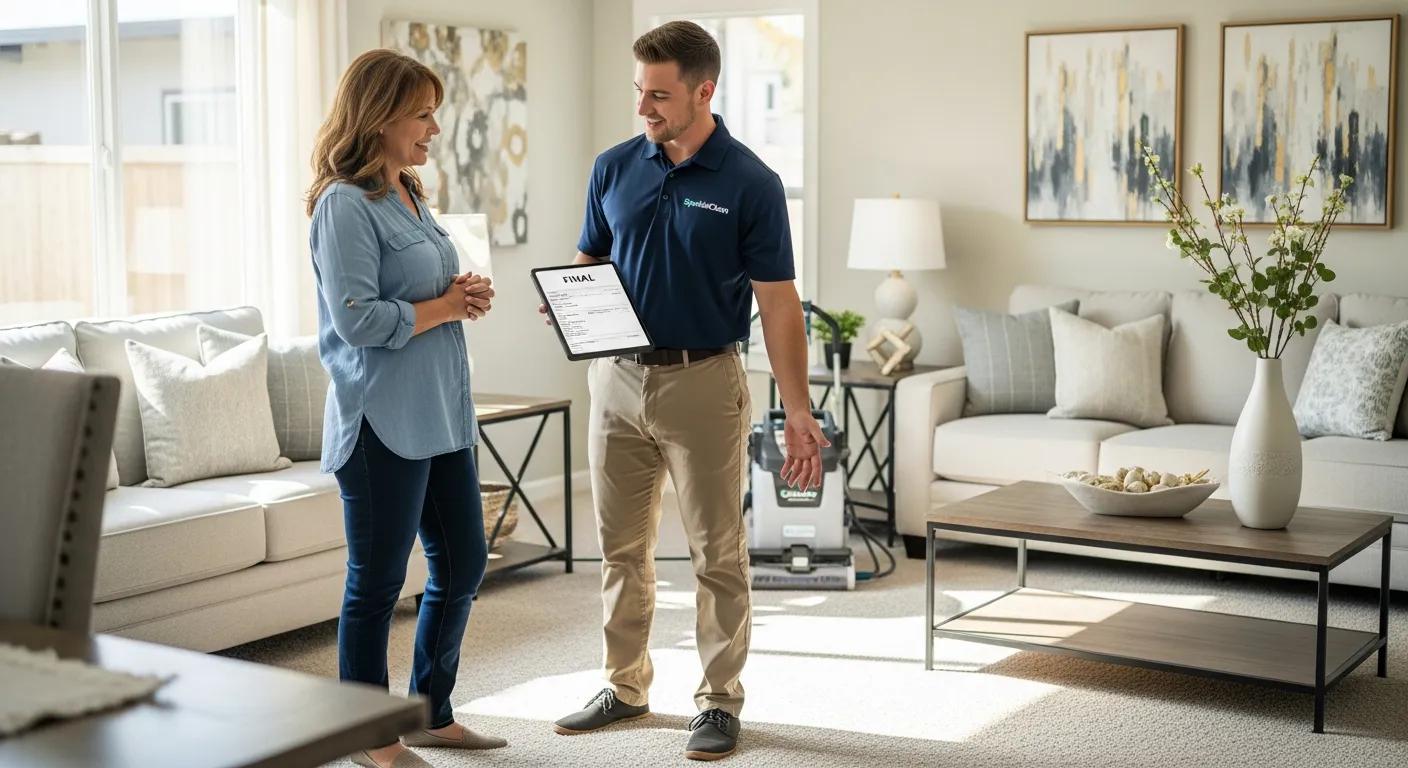 Local carpet cleaning technician interacting with a satisfied customer in a clean home
