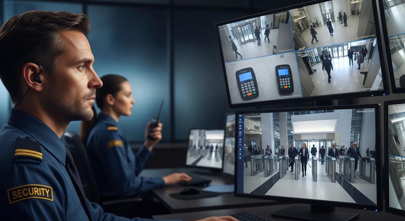 Security staff observing building entry points to reduce tailgating incidents