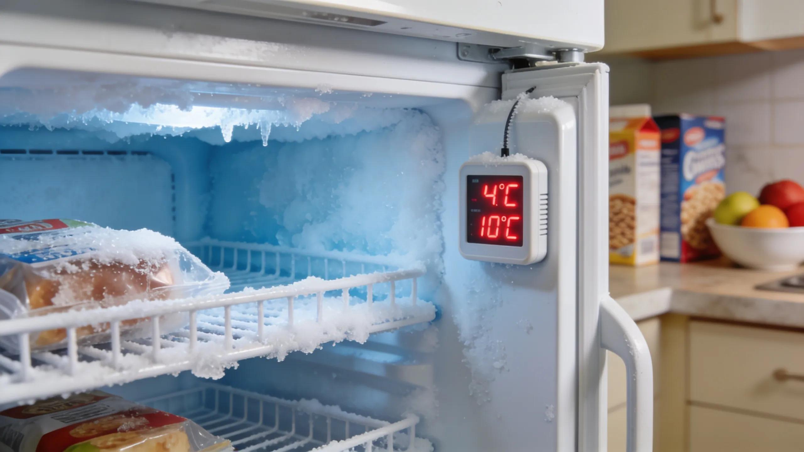 Refrigerator with ice buildup and inconsistent temperature gauge highlighting common issues