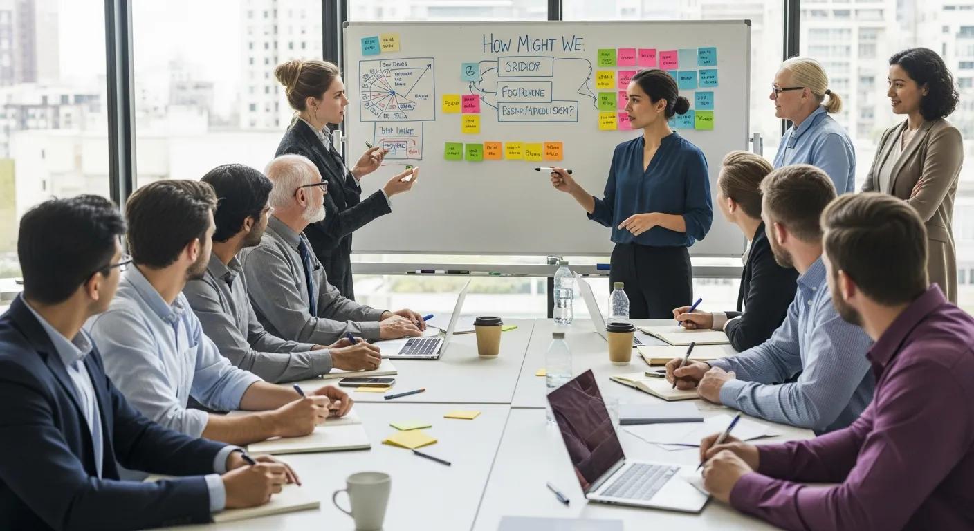 Team collaborating in a conference room, discussing change management strategies with sticky notes and a whiteboard.