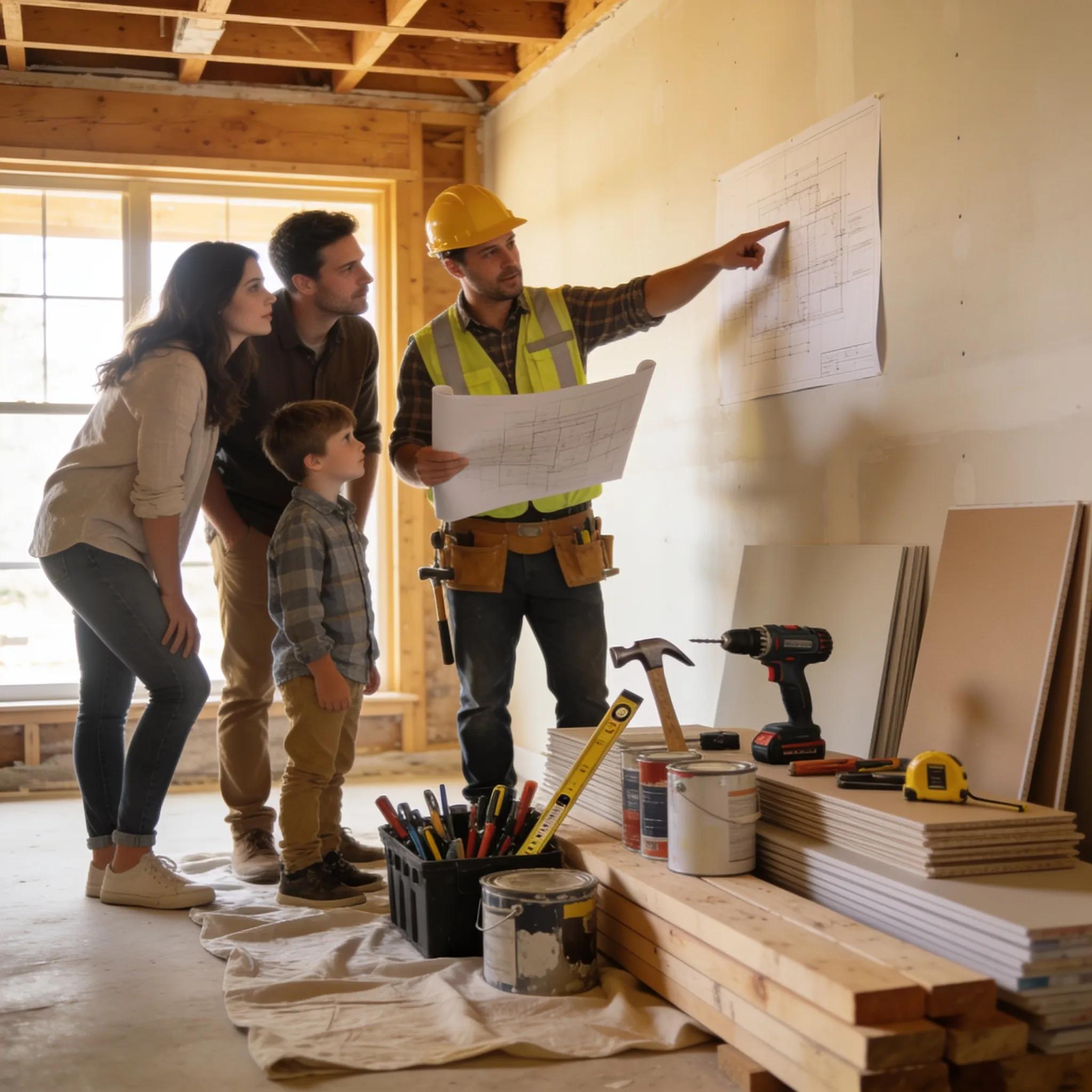 Family consulting with a contractor at a residential construction site, emphasizing home renovation
