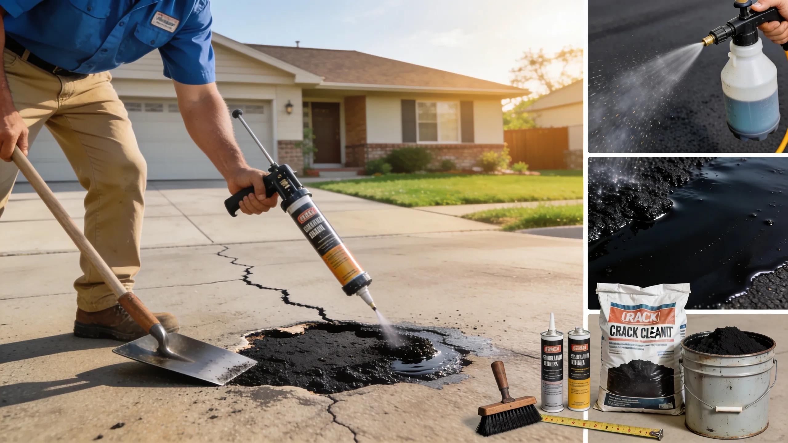 Contractor showcasing driveway repair options in Edmond, including crack sealing and patching techniques