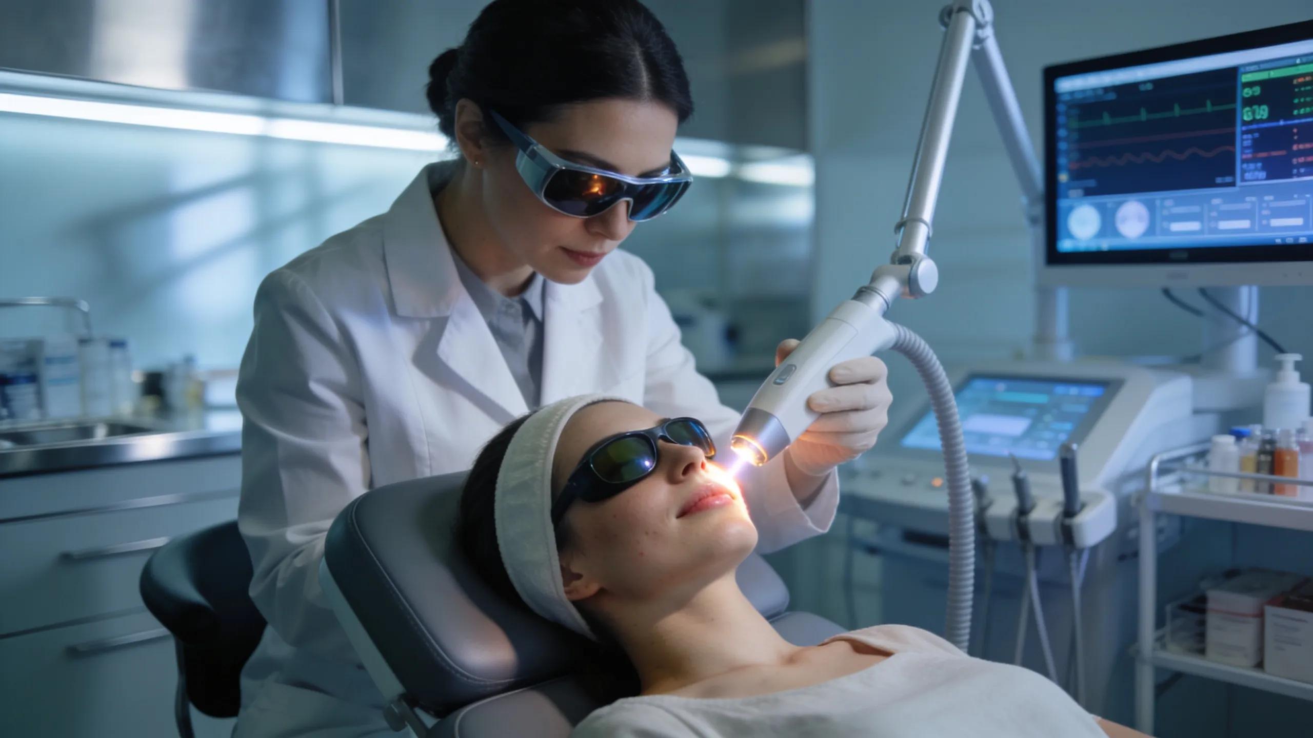Dermatologist performing laser treatment on a patient for acne scars in a modern clinic