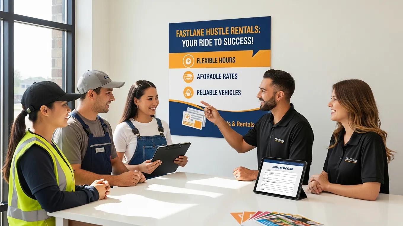 Diverse gig workers interacting with FastLane Hustle Rentals staff, emphasizing rental benefits