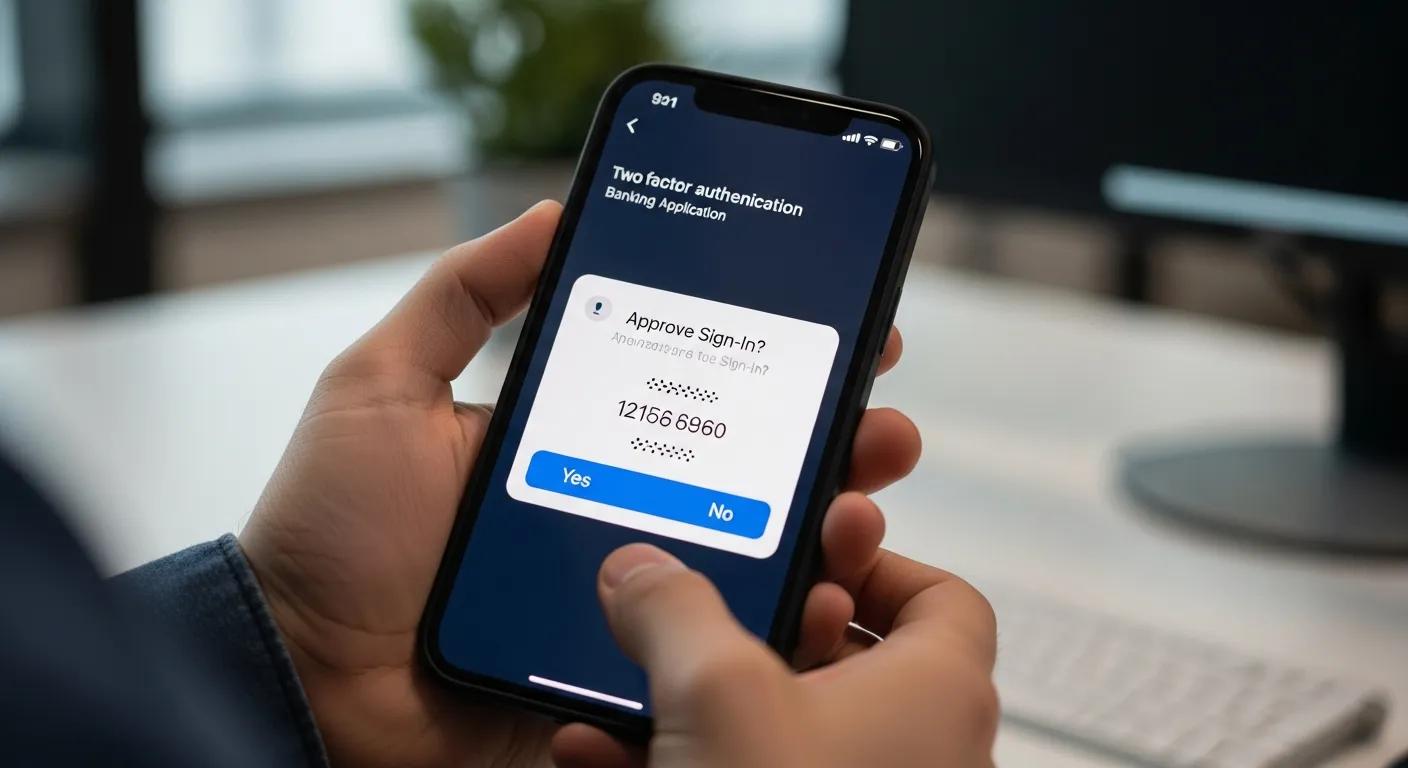 Person using an iPhone with a two-factor authentication prompt, illustrating security practices