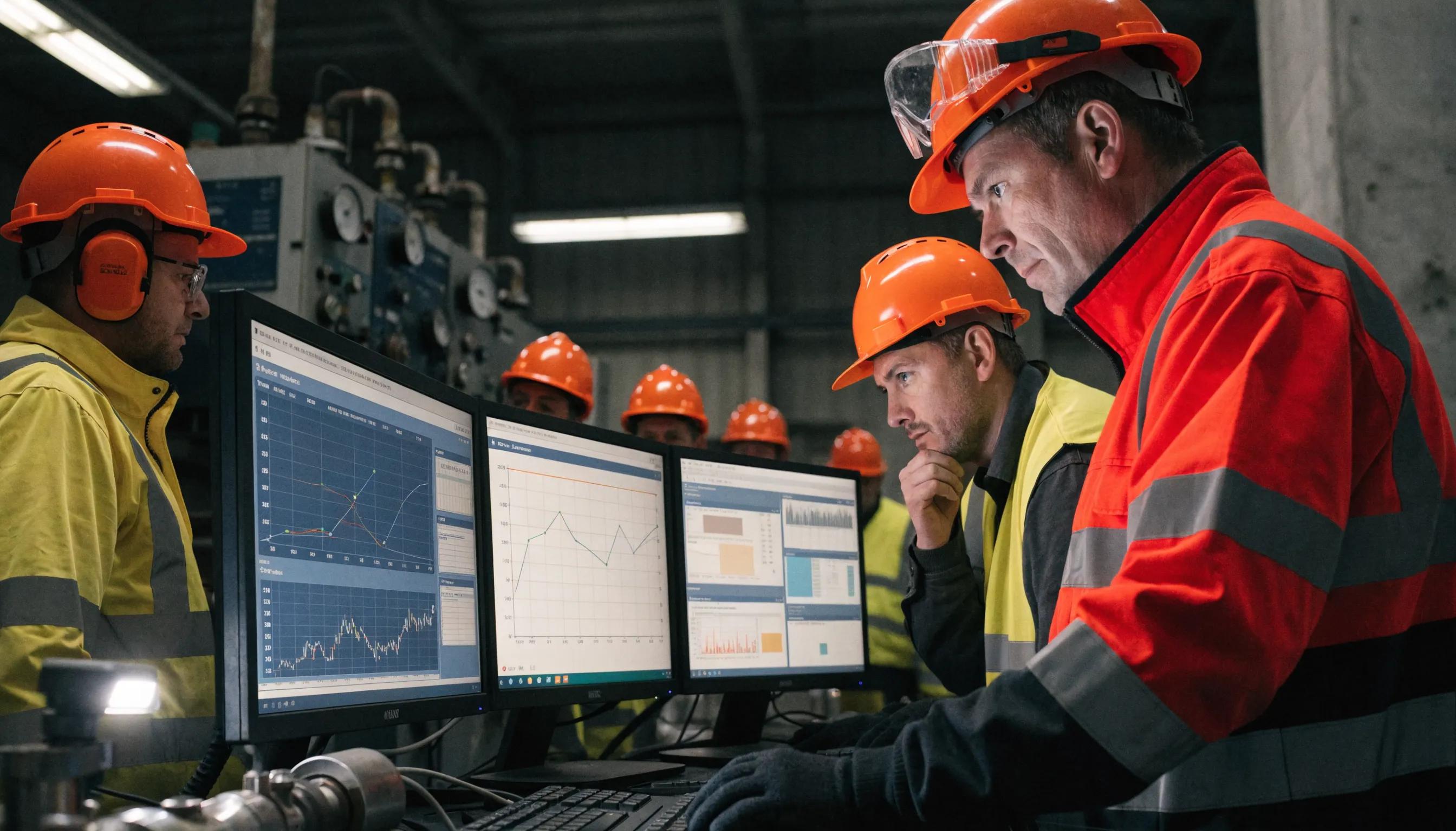 Challenges of passive visibility depicted in a manufacturing setting with outdated displays and concerned workers