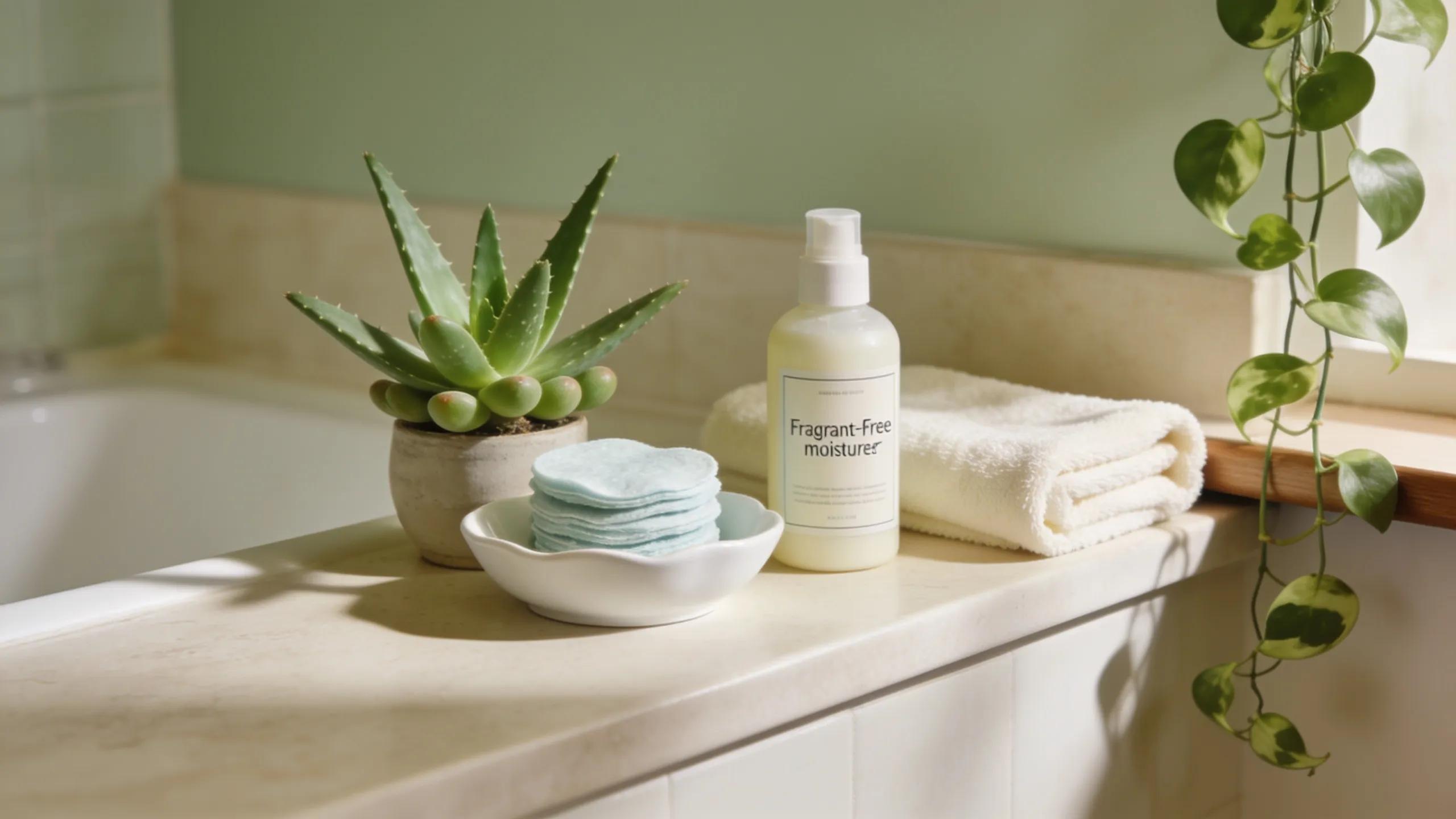 Natural home remedies for post-wax irritation relief displayed in a soothing bathroom environment