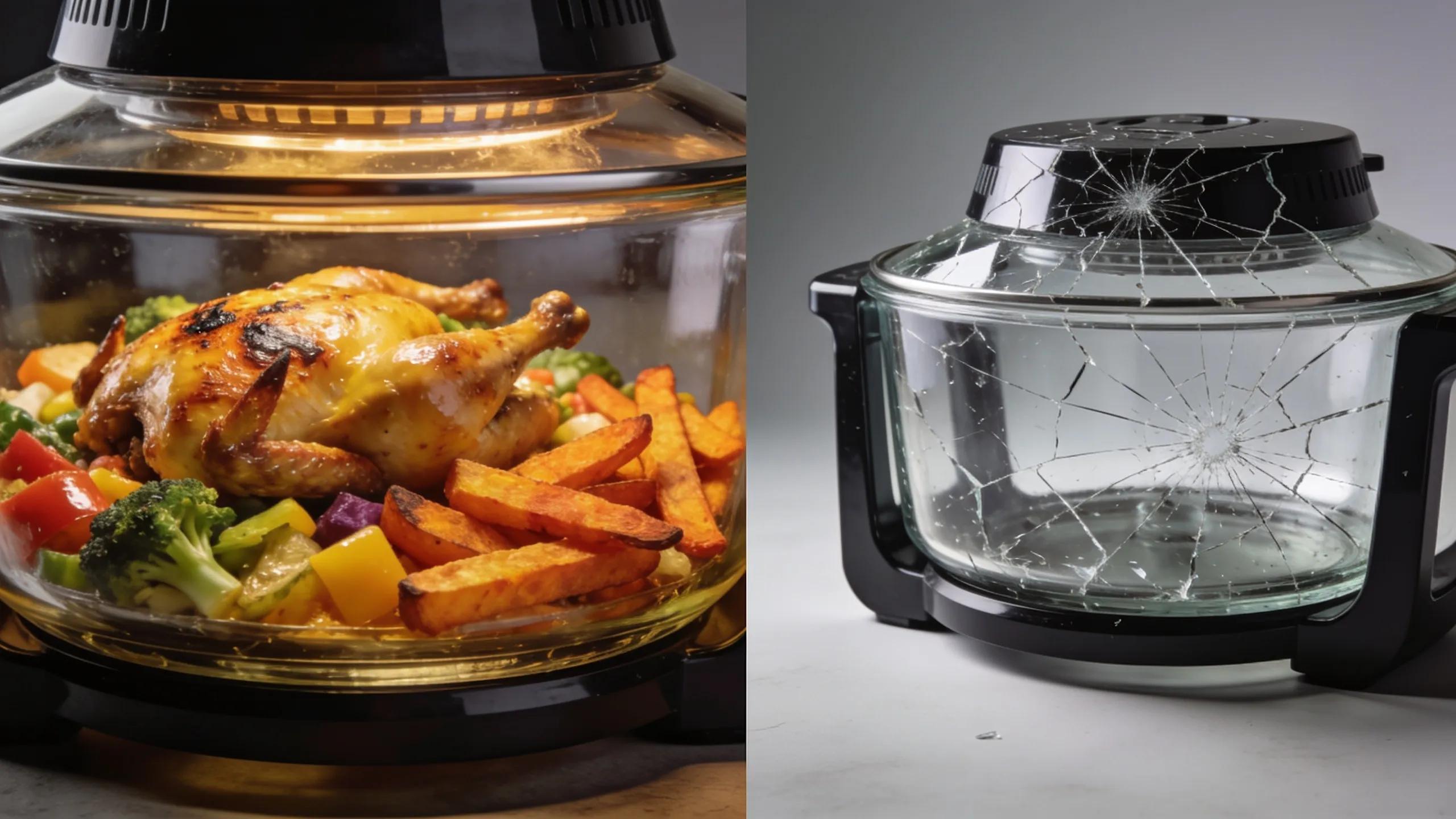 Split image displaying the benefits and durability issues of glass air fryers, showing healthy cooking on one side and a broken fryer on the other