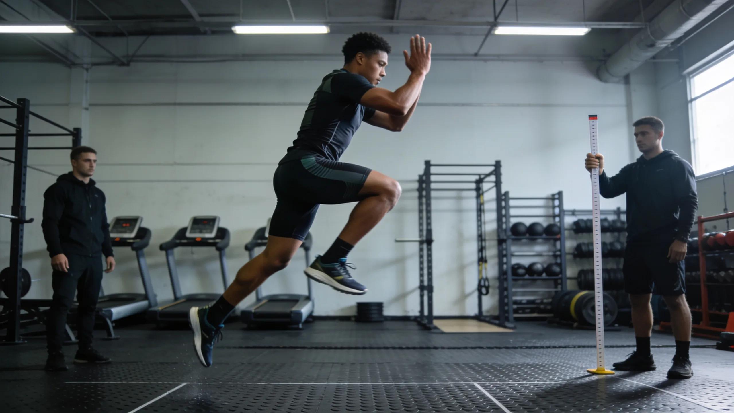 Athlete jumping during a Counter Movement Jump test, measuring explosive power for personalized training