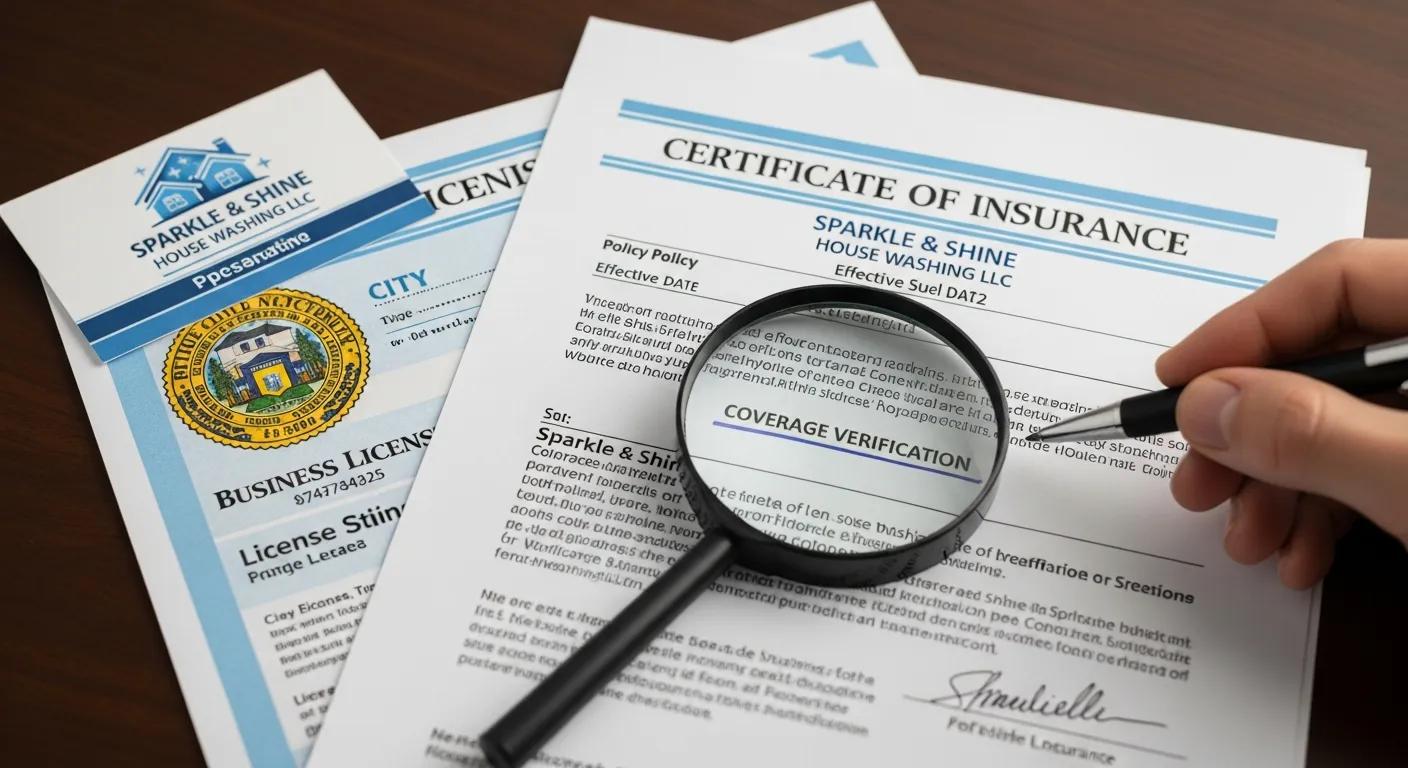Close-up of licensing and insurance documents for a house washing service, emphasizing the importance of verification